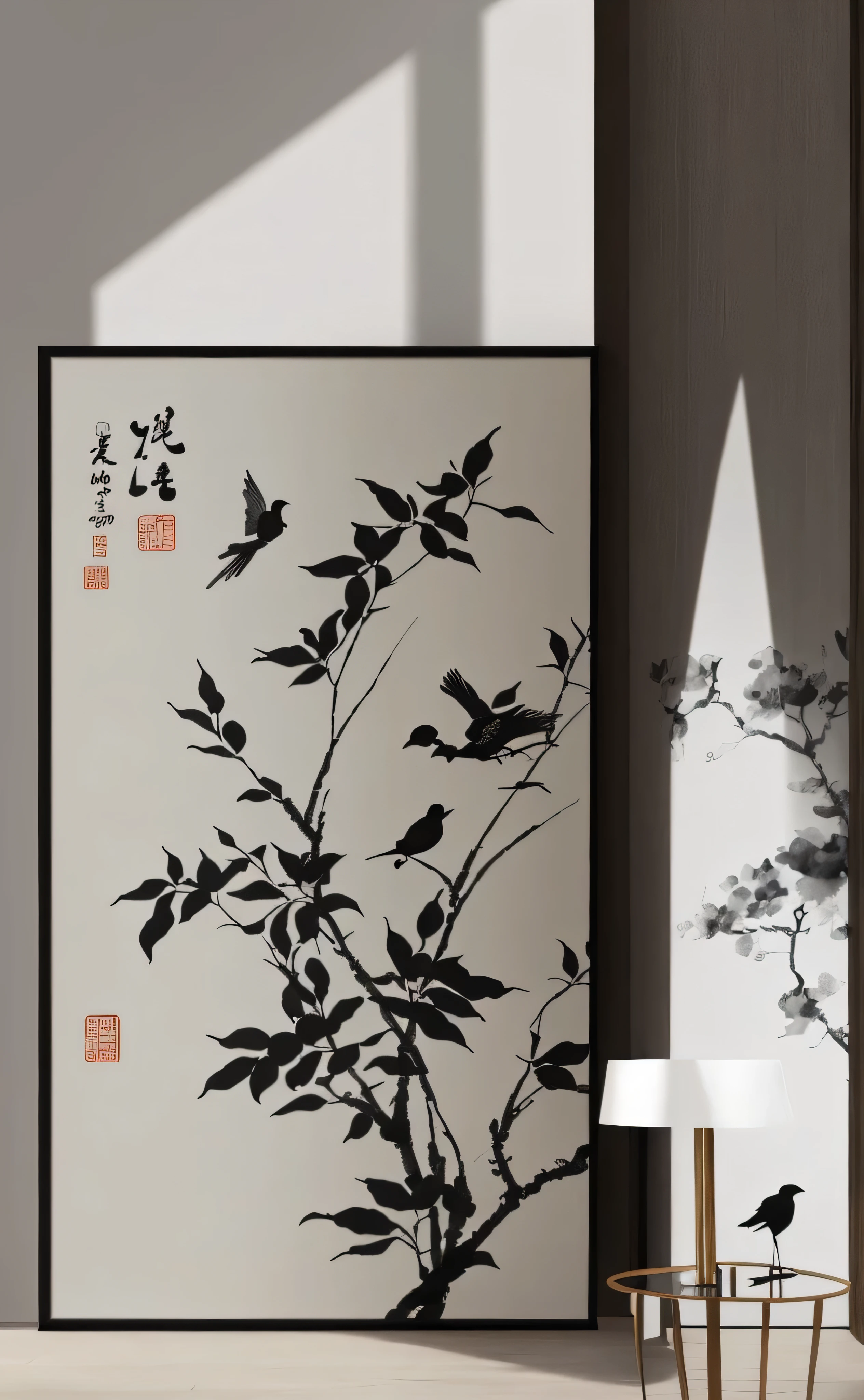 there is a picture of a vase with a bird on it, chinese painting style, hanging scroll on wall, inspired by Emperor Huizong of Song, inspired by Sesshū Tōyō, chinese style painting, inspired by Kanō Masanobu, traditional chinese ink painting, inspired by Shūbun Tenshō, chinese ink painting