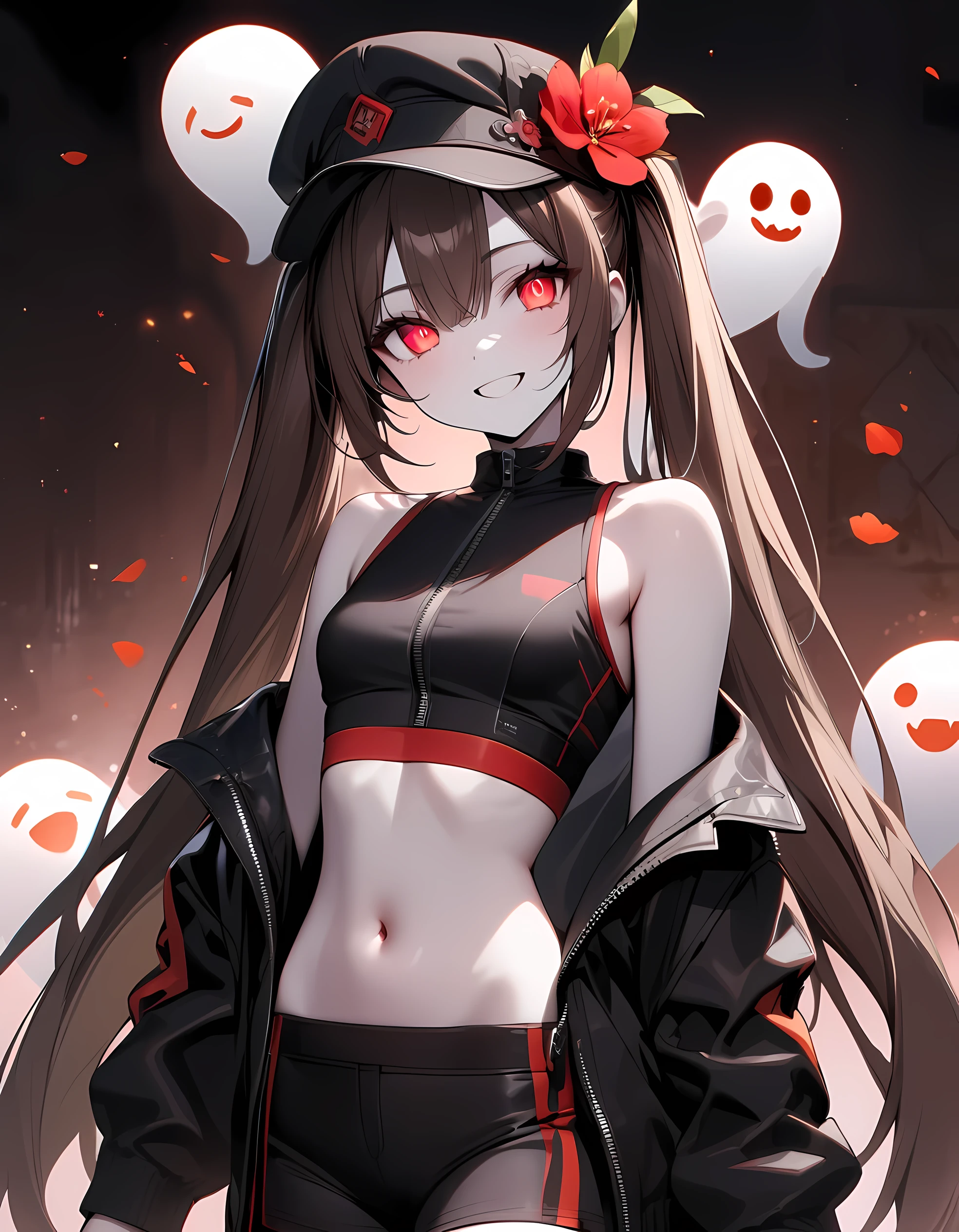 detailed, (masterpiece:1.2), (pale_skin:1.2), (solo:1.2), (female), slender, (glowing_eyes), (bright_eyes), long hair, smile, bangs, brown hair, shirt, red eyes, hat, navel, bare shoulders, twintails, very long hair, jacket, flower, multicolored hair, cowboy shot, open clothes, shorts, sleeveless, midriff, pants, off shoulder, stomach, grin, open jacket, black jacket, crop top, symbol-shaped pupils, sleeveless shirt, black headwear, red flower, ghost, sports bra, hat flower, flower-shaped pupils, plum blossoms