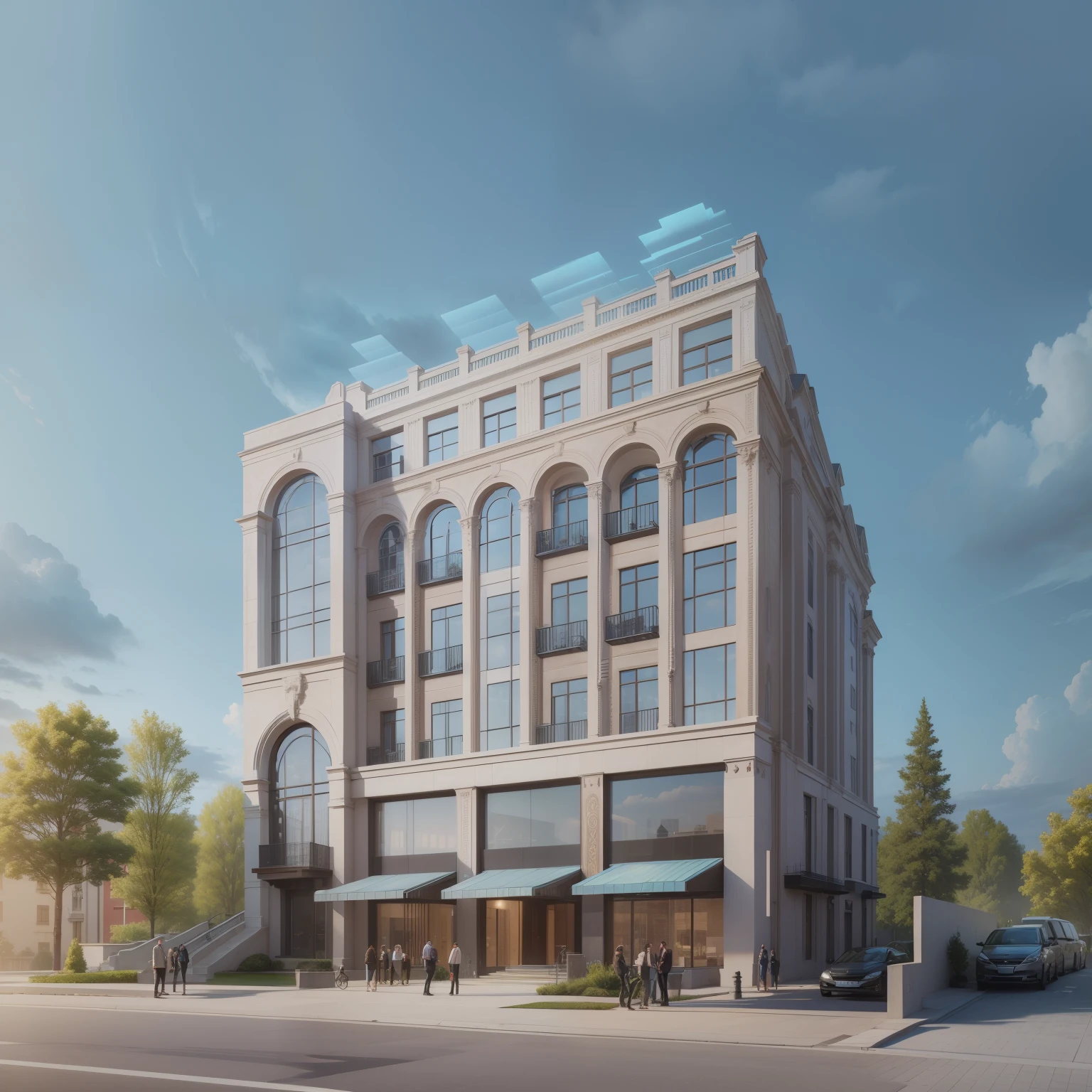 A multi-storey building is located in the middle of the frame,European architectural style,Night effect,Cloudy sky,Hyper-realistic picture,hyperedetailed photo,There are woods on both sides of the building,The exterior of the building is opalescent marble,There are night light effects turned on,There is a yard,There is a lawn,