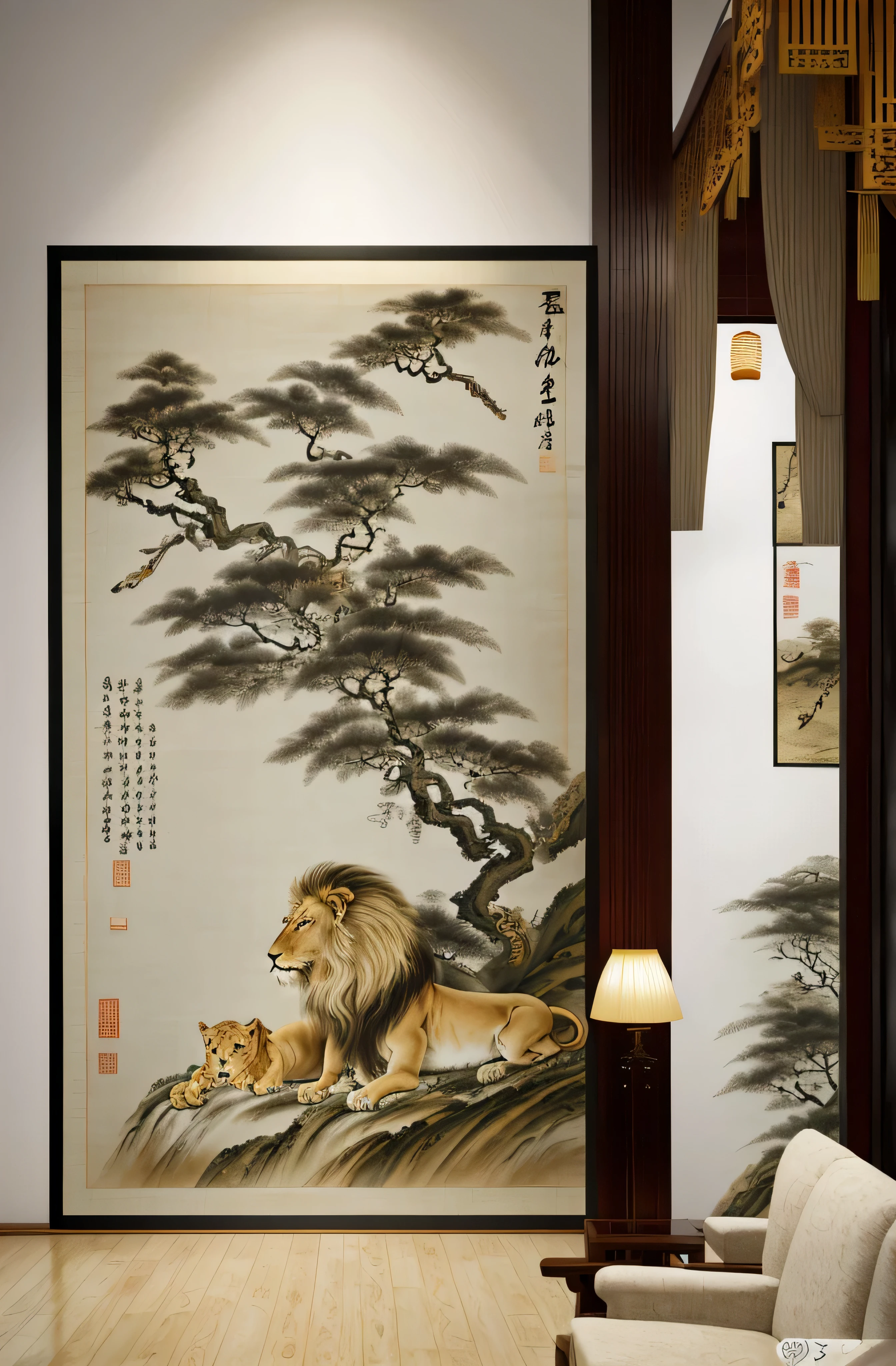 there is a picture of a picture of a lion and a lioness, chinese painting style, hanging scroll on wall, inspired by Emperor Huizong of Song, chinese style painting, carved marble texture silk cloth, with ancient chinese aesthetic, traditional chinese ink painting, artwork in style of sheng lam, chinese style, ancient china art style