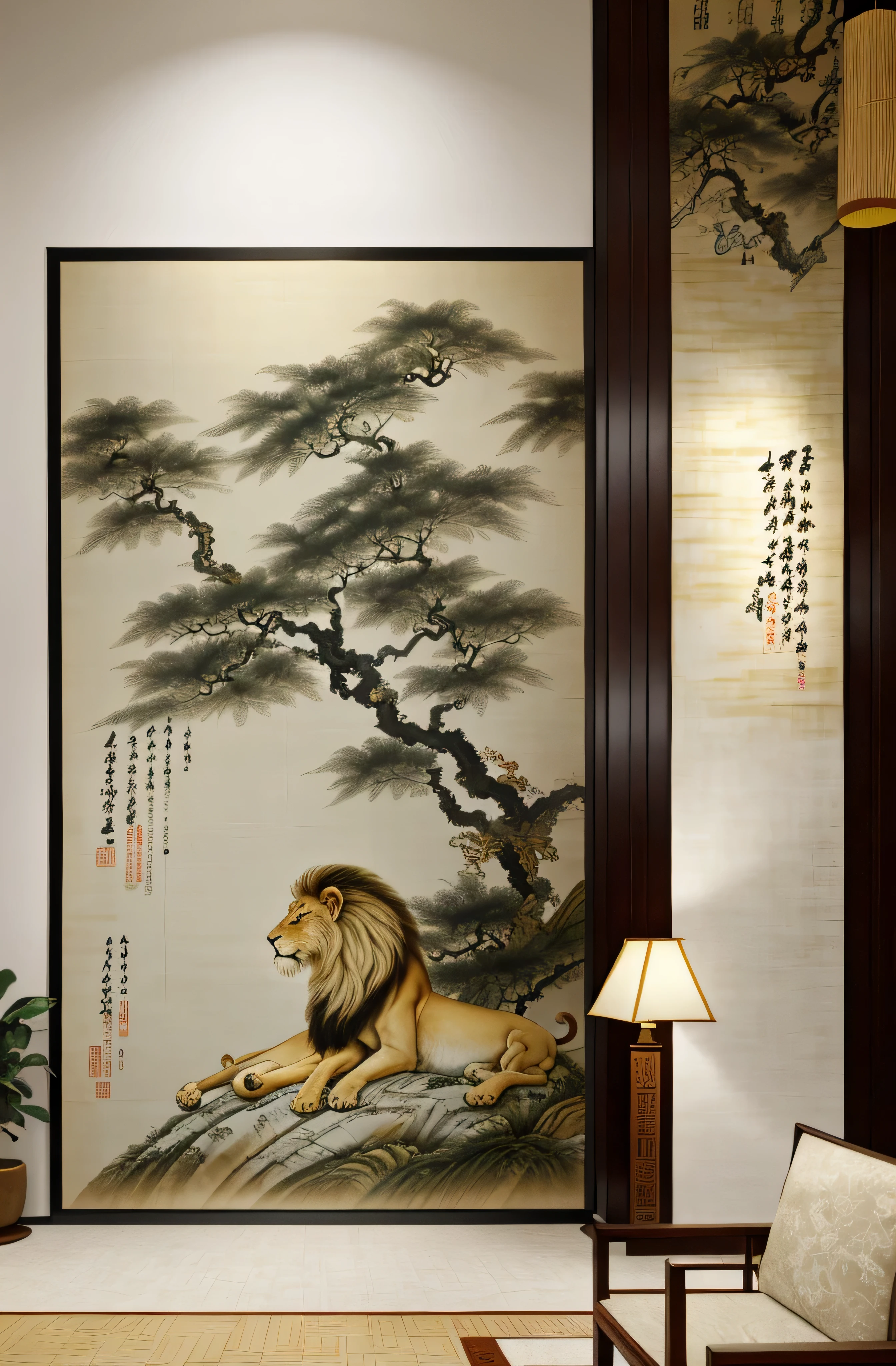 there is a picture of a picture of a lion and a lioness, chinese painting style, hanging scroll on wall, inspired by Emperor Huizong of Song, chinese style painting, carved marble texture silk cloth, with ancient chinese aesthetic, traditional chinese ink painting, artwork in style of sheng lam, chinese style, ancient china art style