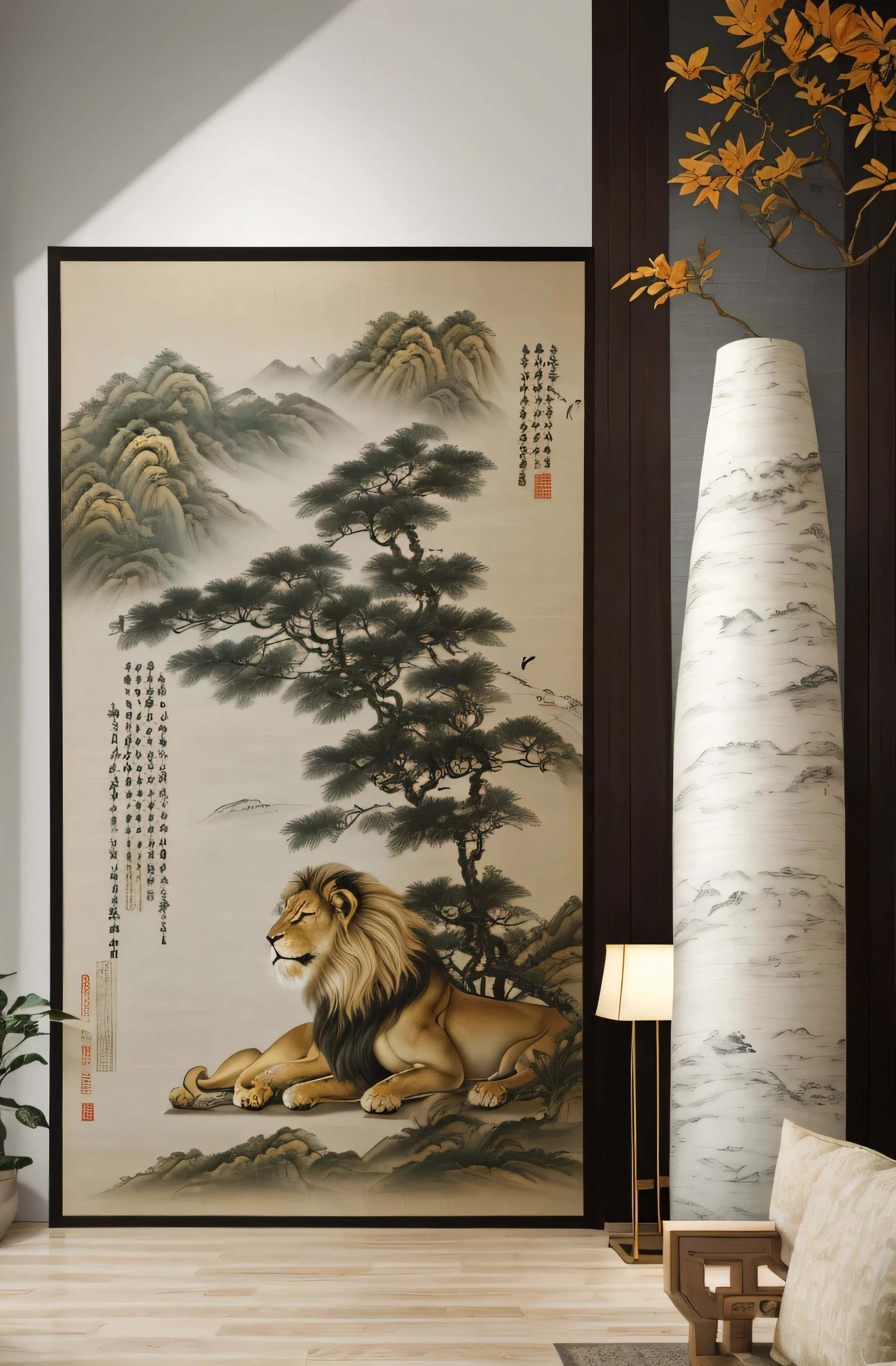 there is a picture of a picture of a lion and a lioness, chinese painting style, hanging scroll on wall, inspired by Emperor Huizong of Song, chinese style painting, carved marble texture silk cloth, with ancient chinese aesthetic, traditional chinese ink painting, artwork in style of sheng lam, chinese style, ancient china art style