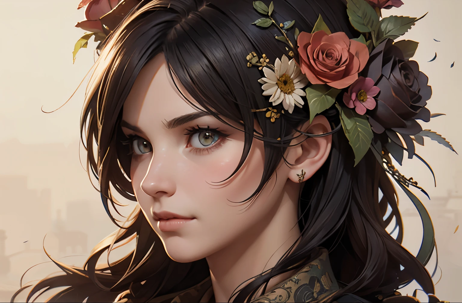 Charlie Bowater realistic Lithography sketch portrait of a woman, flowers, [gears], pipes, dieselpunk, multi-colored ribbons, old paper texture, highly detailed, peaceful and beautiful, final fantasy XV