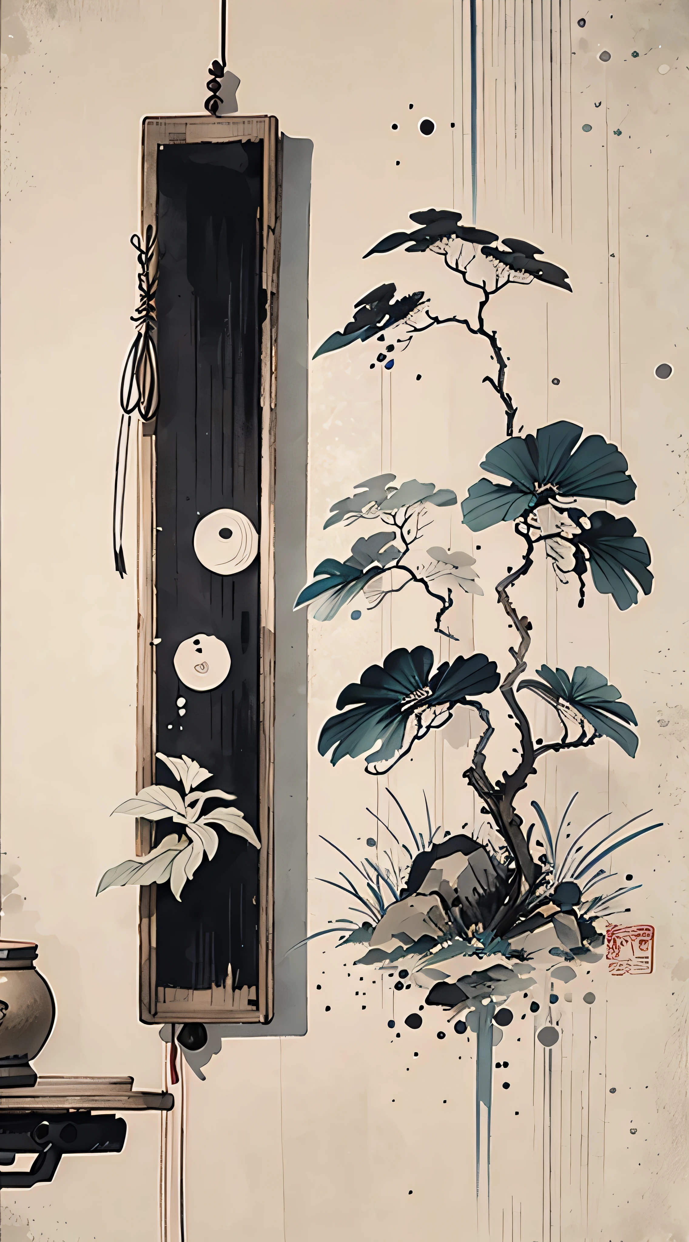 a close up of two paintings on a wall with a chair, hanging scroll on wall, hanging scroll, hanging silk scroll, decorative art, inspired by Sōami, chinese painting style, wall art, japanese style painting, inspired by Sesshū Tōyō, inspired by Tani Bunchō, decorative panels