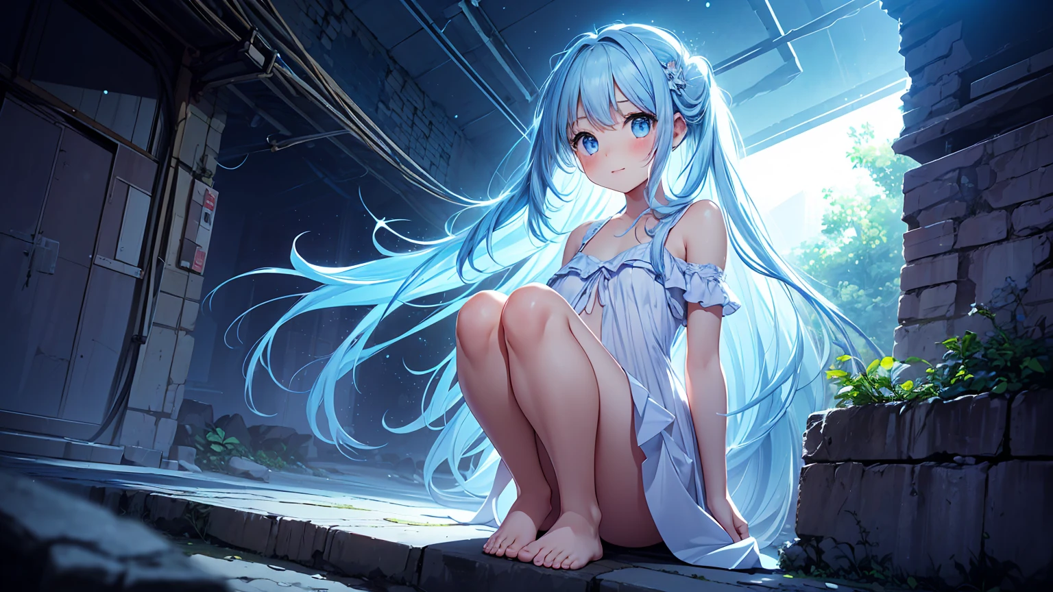 masterpiece, best quality, extremely detailed, (illustration, official art:1.1), 1 girl ,(((( light blue long hair)))), ,(((( light blue long hair)))),light blue hair, , long hair ((blush)) , cute face, big eyes, masterpiece, best quality,(((((a very delicate and beautiful girl))))),Amazing,beautiful detailed eyes,blunt bangs((((little delicate girl)))),tareme(true beautiful:1.2), sense of depth,dynamic angle,,,, affectionate smile, (true beautiful:1.2),,(tiny 1girl model:1.2),)(flat chest) ,the most beautiful woman in the world, with sad expression, sitting on rattan chair and leaning against the window glass, reflection of fireworks light, wearing underwear, foggy filter effect, 2.5D, delicate and dynamic