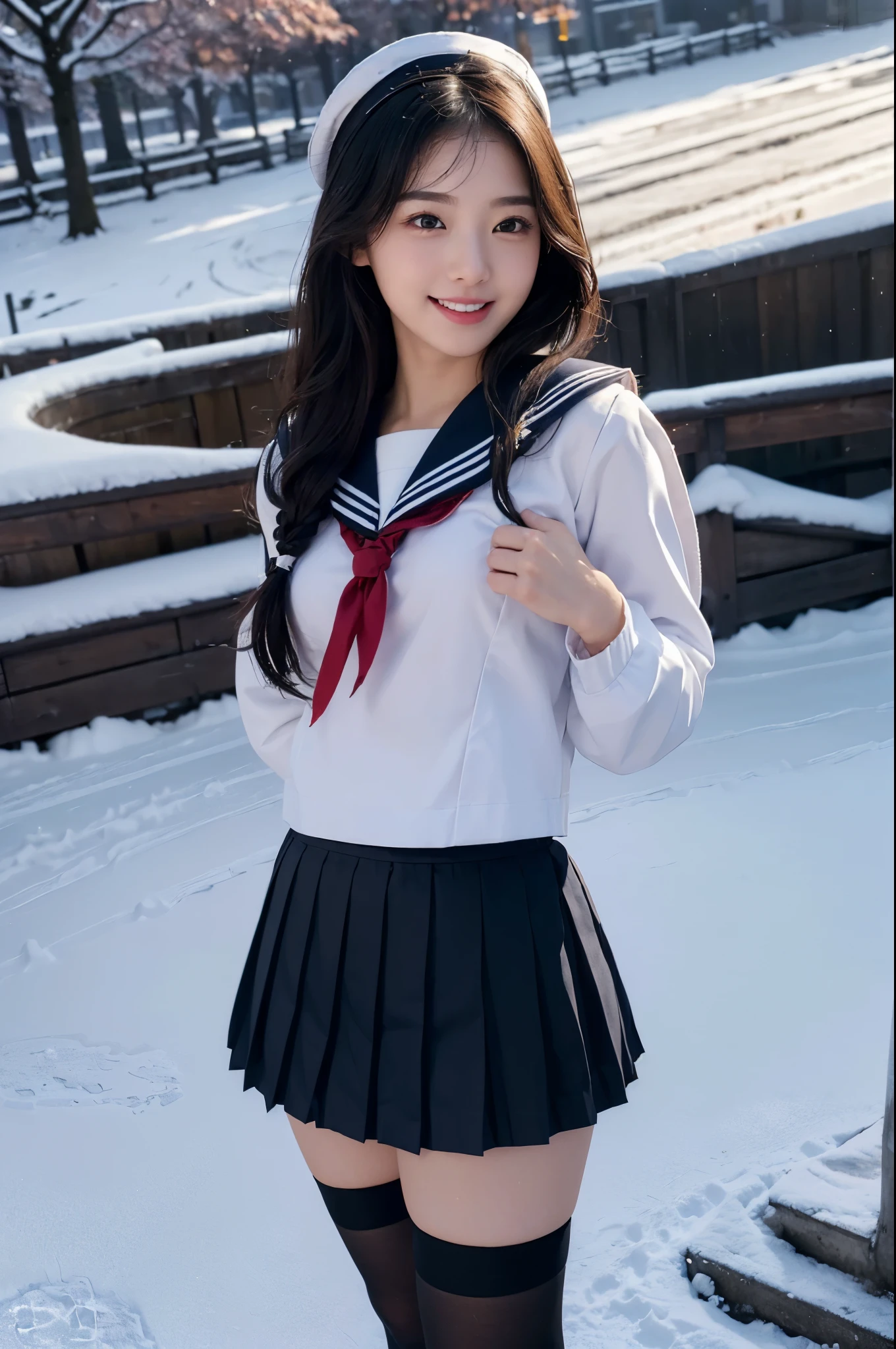 (hyper realism, 10, very detailed, highest quality, Super detailed, masterpiece, 超realistic, high detail, Raw photo, realistic,）((School､March、snow scene、admission)）,(((sailor suit, school uniform))), (((black pleated skirt))), (black stockings),(Angle from the front､Standing composition))、highest quality, (((whole body)))、(((大きなchest、Ｇcup)))、beautiful japanese girl,long hair、black hair、Smiling with a sexual expression,, smile with a sexual expression, chest