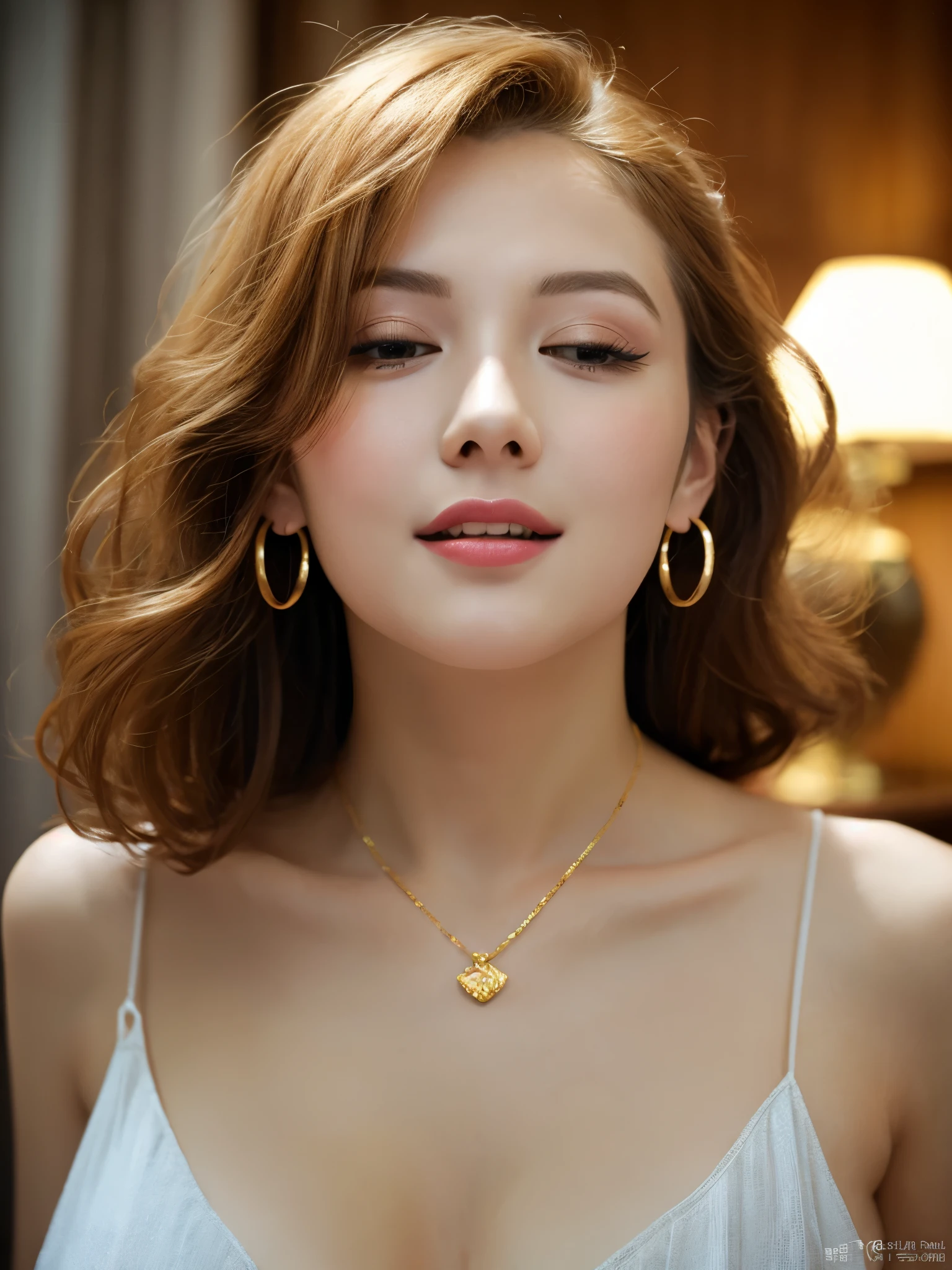 beautiful girl: Asia, Super cute;
age: 18-20 years old;
hair: Bronze Orange, Smooth, shimmering in the Sunlight, very detailed;
skin: Ivory white, Flawless and rosy;
Pores on the skin;
Eye: jet black, ((Practical)), Almond-shaped, Sexy, young, Clear, ((super detailed)), elegant, Tempting, vivid makeup, sharp, ((attractive viewer's soul));
eyelid: Beautifully, Beautifully, perfectly fair;
Eyebrow: Arch, sparse, sharp;
Face: fair, pure, fair like a fairy, Beautifully makeup, charming, Perfect balance, fair in every detail;
nose: beautiful, charming, High;
cheekbones: famous;
Lips: Tempting, light Red Lipstick, charming lip gloss;
teeth: Moon Crystal;
breast: full, Deep Crack, company, fits OK well, Nipple protrusion;
OK: bright Red, Gold thread embroidery, Metal;
Body: full, attractive, full of youth;
Accessories: ruby necklace, ruby earrings;
shirt: Silk fabric, Red, A white silk belt around the waist;
skirt: Tight, transparent, charmingfull figure;
trendy style: High-end women, Hyundai 2024, luxurious;
Photo quality: Non-NSFW, 8K CG HD, sharp, super fair graphics, professional, detailed, viOKnt colors, super Smooth, advanced technology, super Practical RAW;
light: luxurious, front, complex, Black and gold tones;
Sunlight: Glittering, illuminating the girl's Body;
Visual effect: Practical, magic, extremely High resolution;
background: wonderland, colorful garden.
((Close-up photo of the girl's Face, Practical, super detailed)).red shiny,ultra lighting 