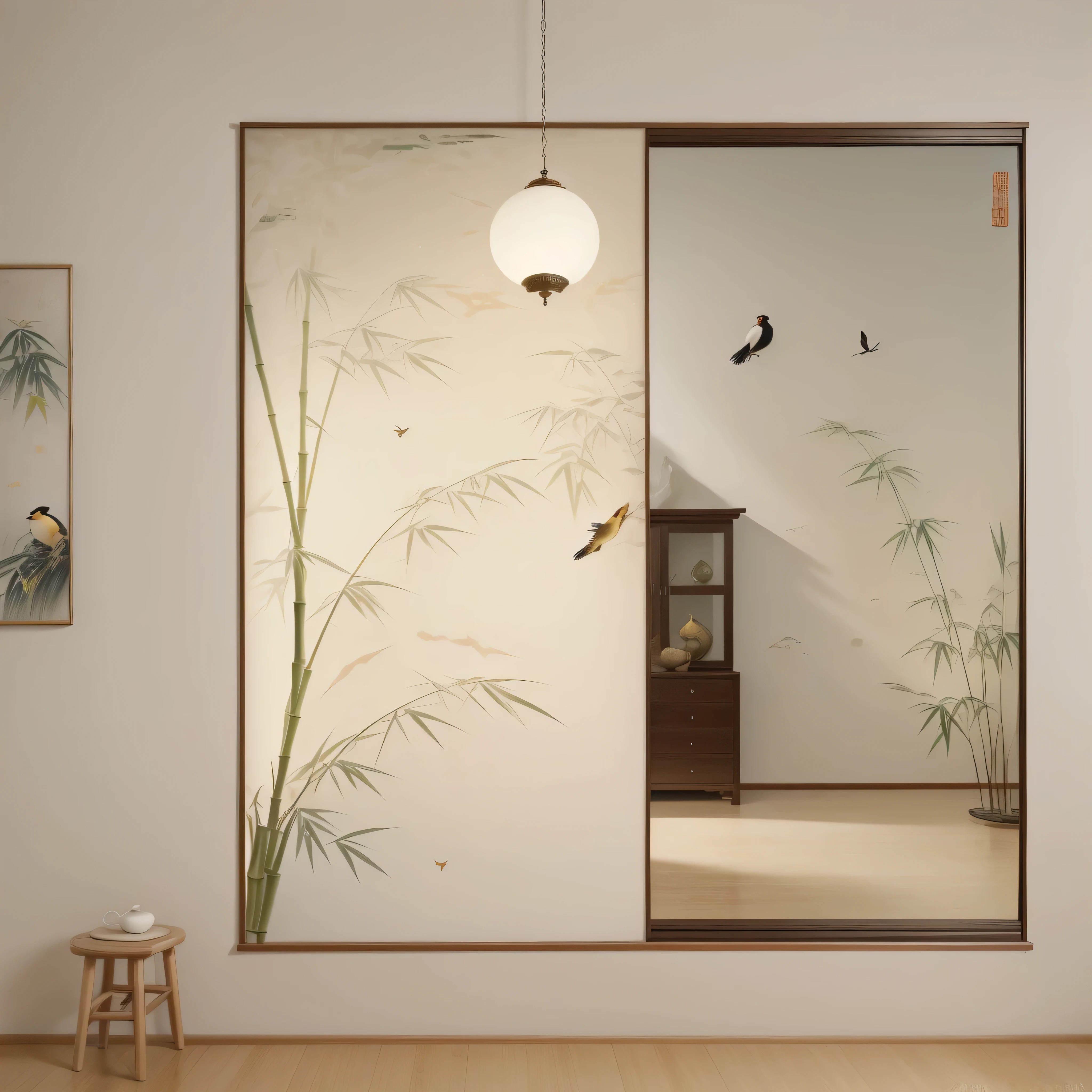 a picture of a painting of a bamboo tree and a bird, nesting glass doors, high quality gloss art, chinese painting style, chinese style, mirror and glass surfaces, pixer, Wang Chen, transformation scene-h 768, hanging scroll on wall, sandy white moon landscape, bamboo, artwork in style of sheng lam