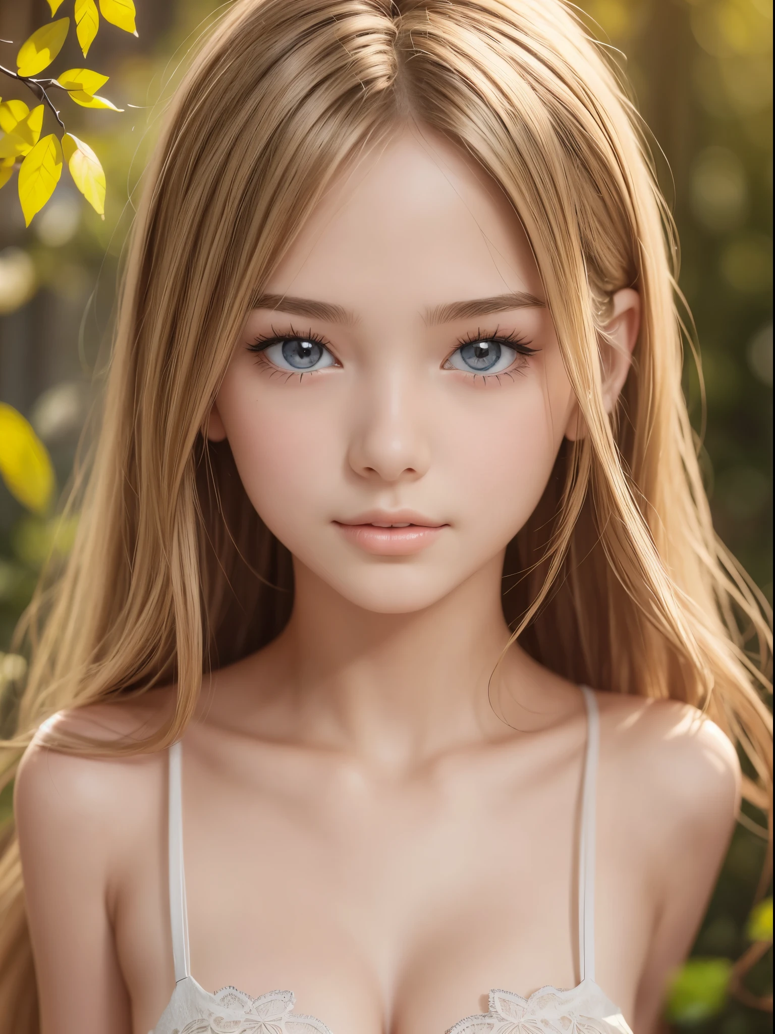 Pretty innocent girl , realistic long blonde and brown beautiful hair realistic, realistic detailed skin, pretty realistic detailed face, detailed pretty hazel eyes , detailed lips , attractive and beautiful, most prettiest girl in the world, insanely gorgeous, slim waist with nice body, girl, highly detailed, ultra realistic , soft face features, (highly detailed face:1.4), perfect eyes, realistic iris, perfect teeth, (smile:0.7), (background dark, shadow of the leaves, moody, cleavage)
