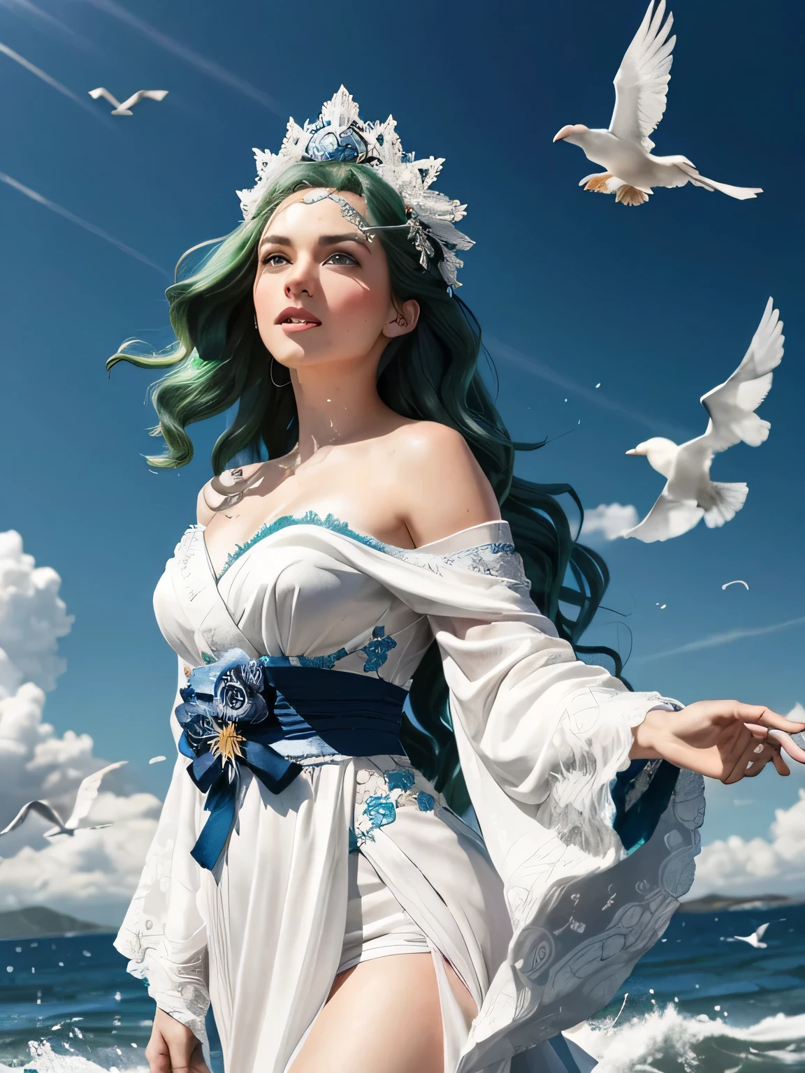 Green hair, very very long wavy hair, hair strands, super details, 1girl, flowy white strapless dress, wide sleeves open kimono, surrounded by high tides, flying birds, water splashing, queen, frills-trimmed, intricate luxurious headpiece, blue eyes, victorian era, medium shot, blue sky with dramatic clouds on background....