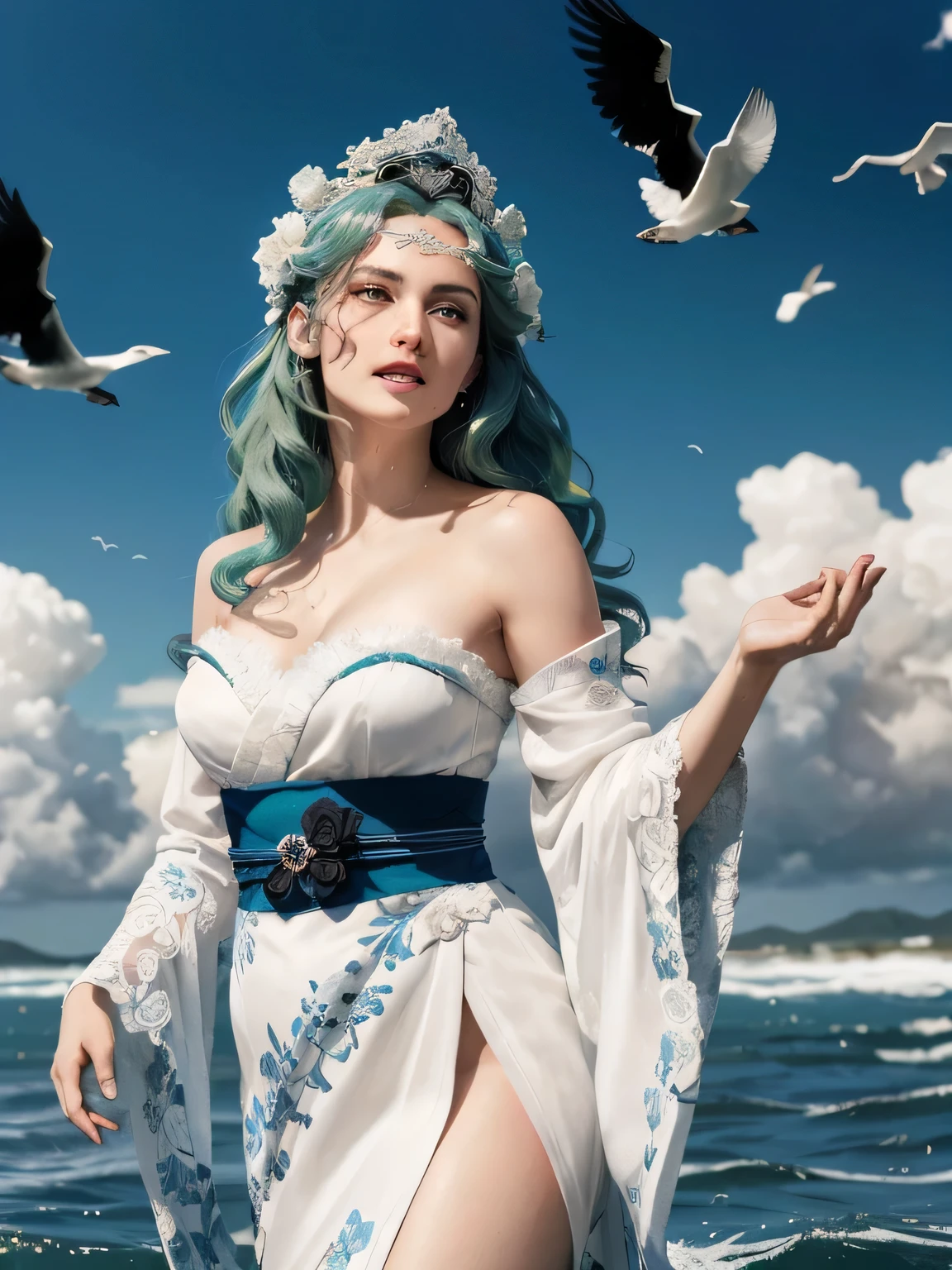 Green hair, very very long wavy hair, hair strands, super details, 1girl, flowy white strapless dress, wide sleeves open kimono, surrounded by high tides, flying birds, water splashing, queen, frills-trimmed, intricate luxurious headpiece, blue eyes, victorian era, medium shot, blue sky with dramatic clouds on background....