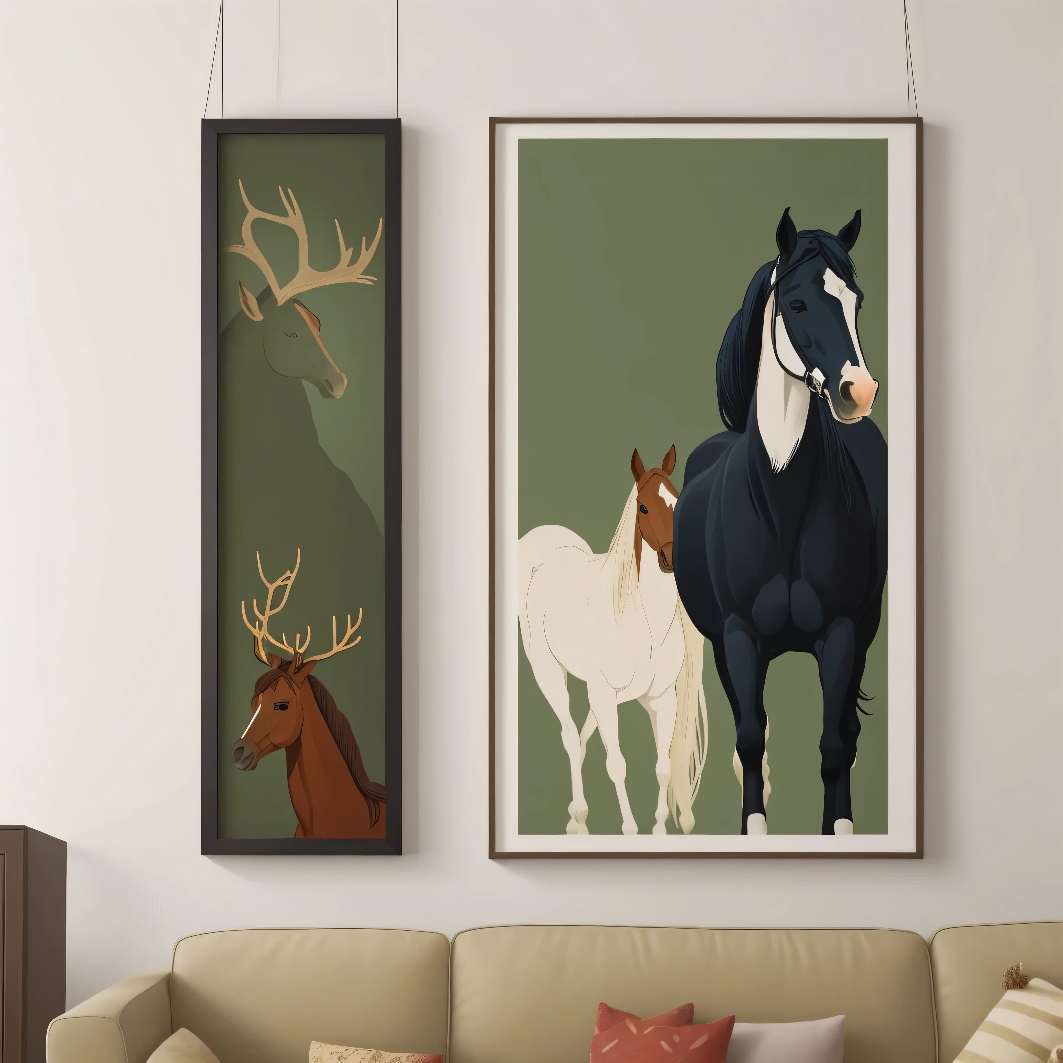 there are two paintings of horses on the wall in the living room, wall art, canvas art print, decorative art, equine, folk art, hanging scroll on wall, retro art, art decos, art print, vintage art, etsy, q, a quaint, graphic detail, art poster, ultra, prints, ello, sienna, deer, two, simplistic