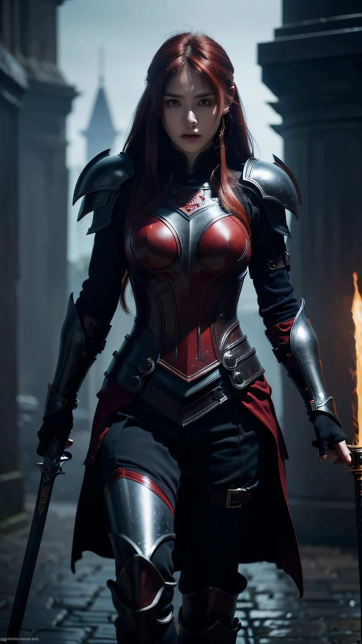 a battle-hardened warrior woman with fiery red hair, intricate cyberpunk-inspired armor, wielding a high-tech sword, fighting against an oppressive futuristic empire, dramatic lighting, cinematic composition, hyper-detailed, vibrant colors, dystopian sci-fi, epic fantasy, masterpiece