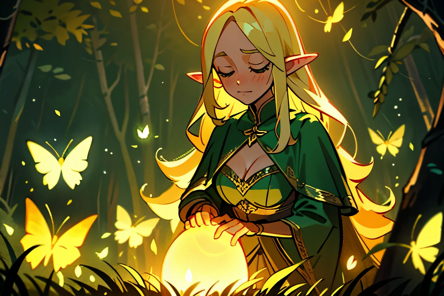 beautiful elf、golden long hair、embarrassed look、I can see the cleavage、in the forest、Many glowing insects are flying、evening