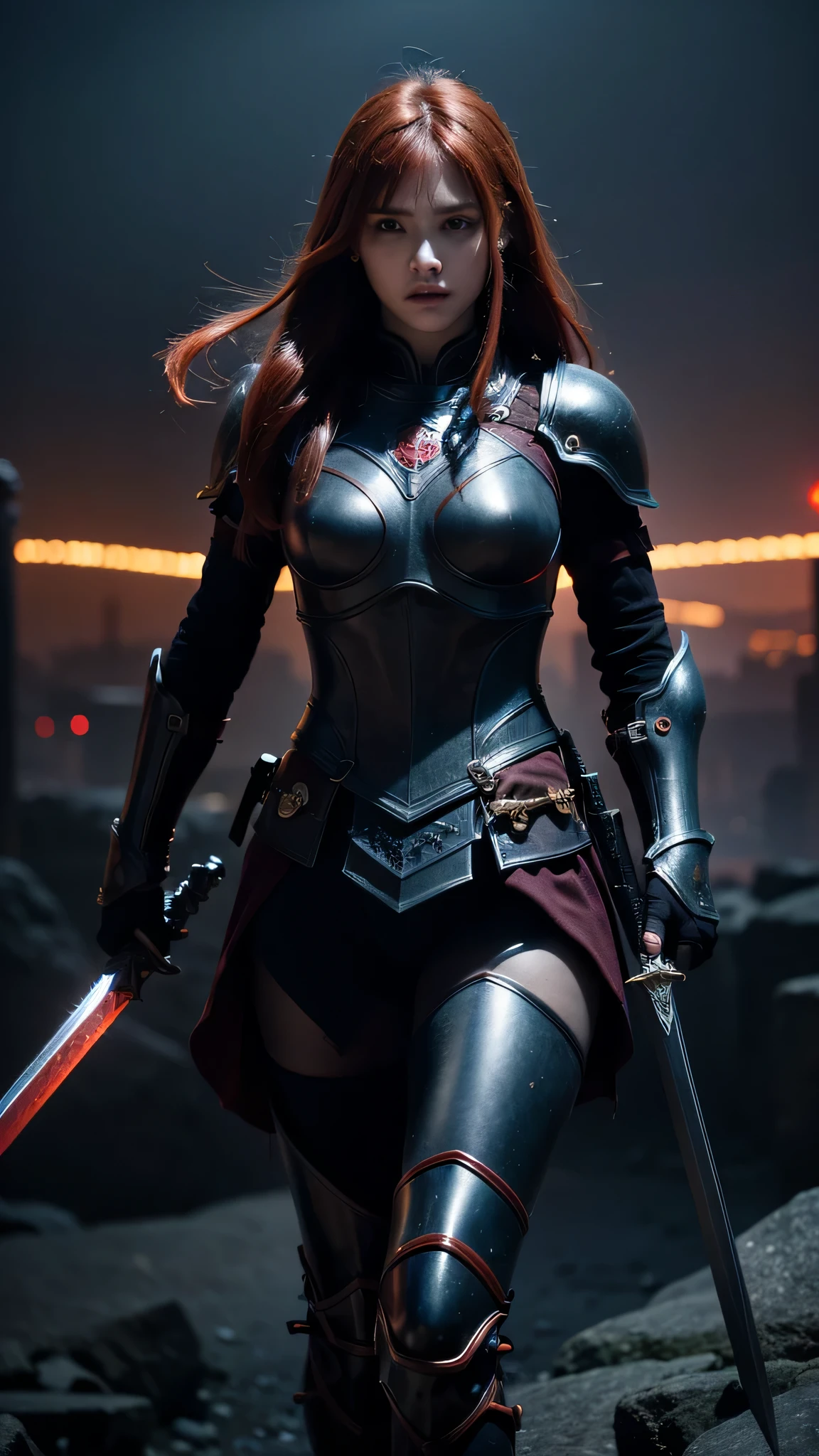 8k, (ultra-detailed,high-res,dark,fantasy:1.2), red hair, purple armor , warrior with a sword , medieval city, darkness, epic, beyond reality, Upper body, large , epic, narrative, fierce battle with demons ,darkness , horror, rainfall, armor clanking,