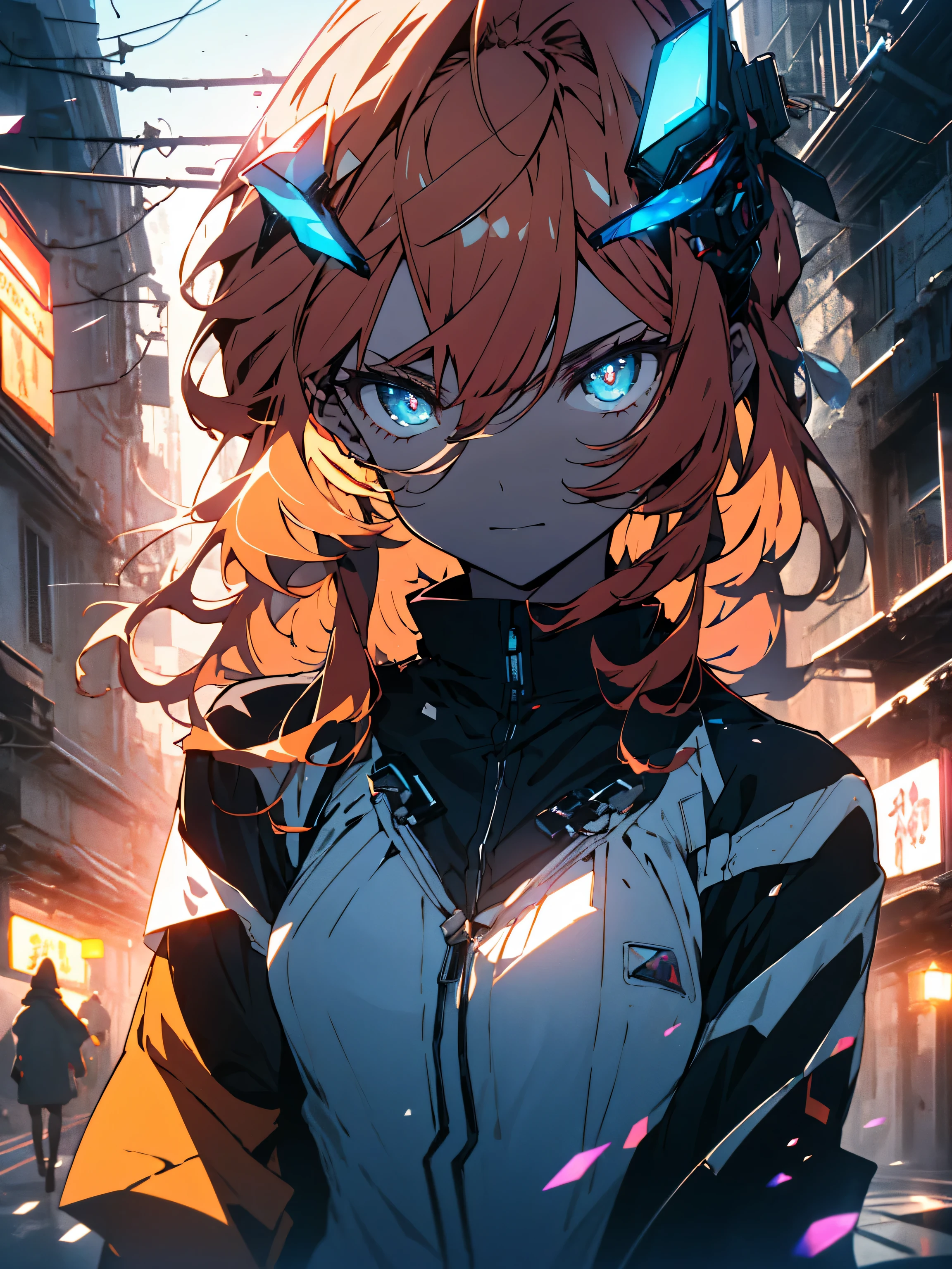 (highest quality、masterpiece、High resolution、detailed)、(Shining eyes、detailed beautiful face)、8K、Girl with orange hair, wearing a blue cyberpunk costume, In a colorful meadow, At night、beautiful anime