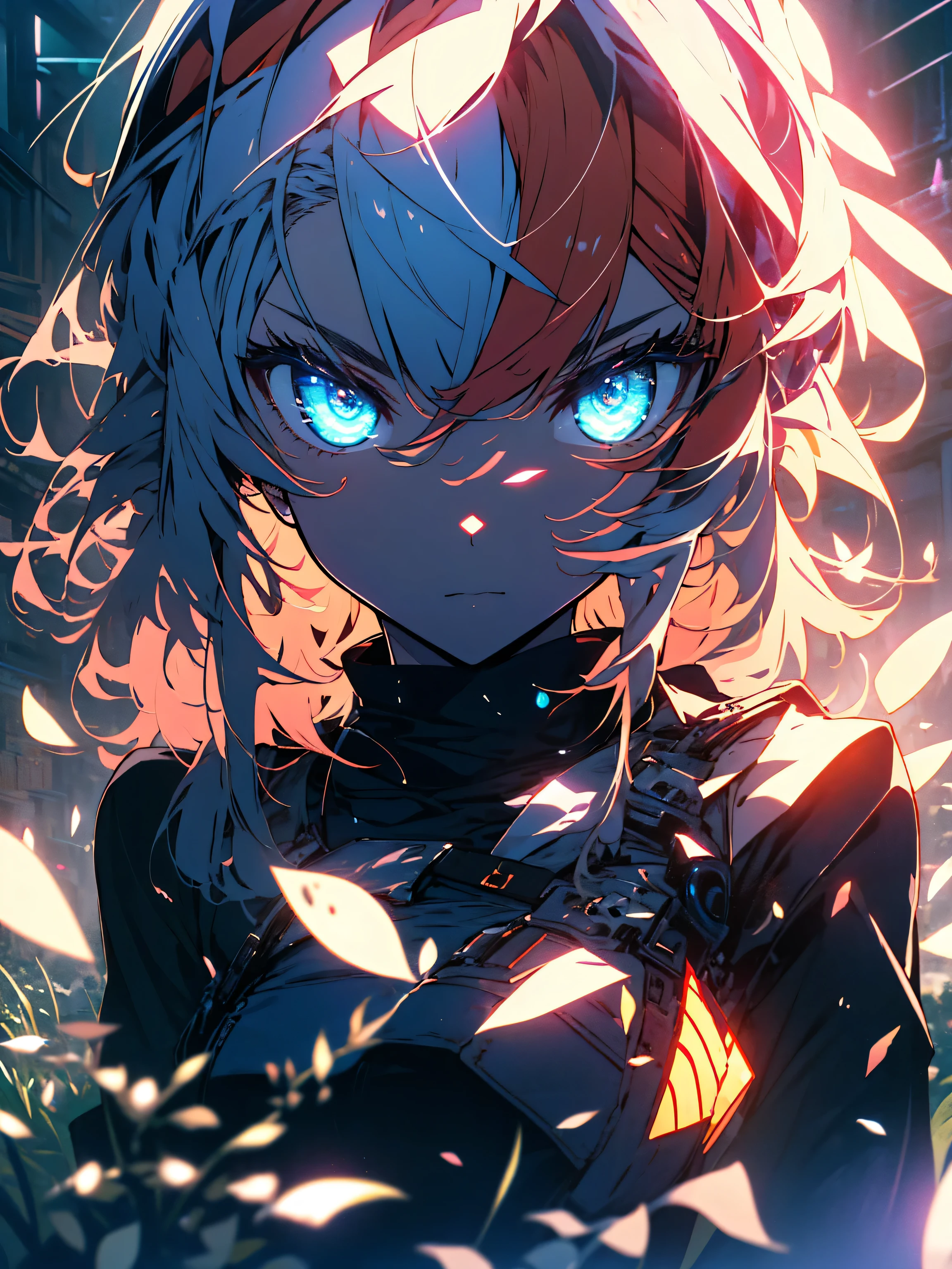 (highest quality、masterpiece、High resolution、detailed)、(Shining eyes、detailed beautiful face)、8K、Girl with orange hair, wearing a blue cyberpunk costume, In a colorful meadow, At night、beautiful anime