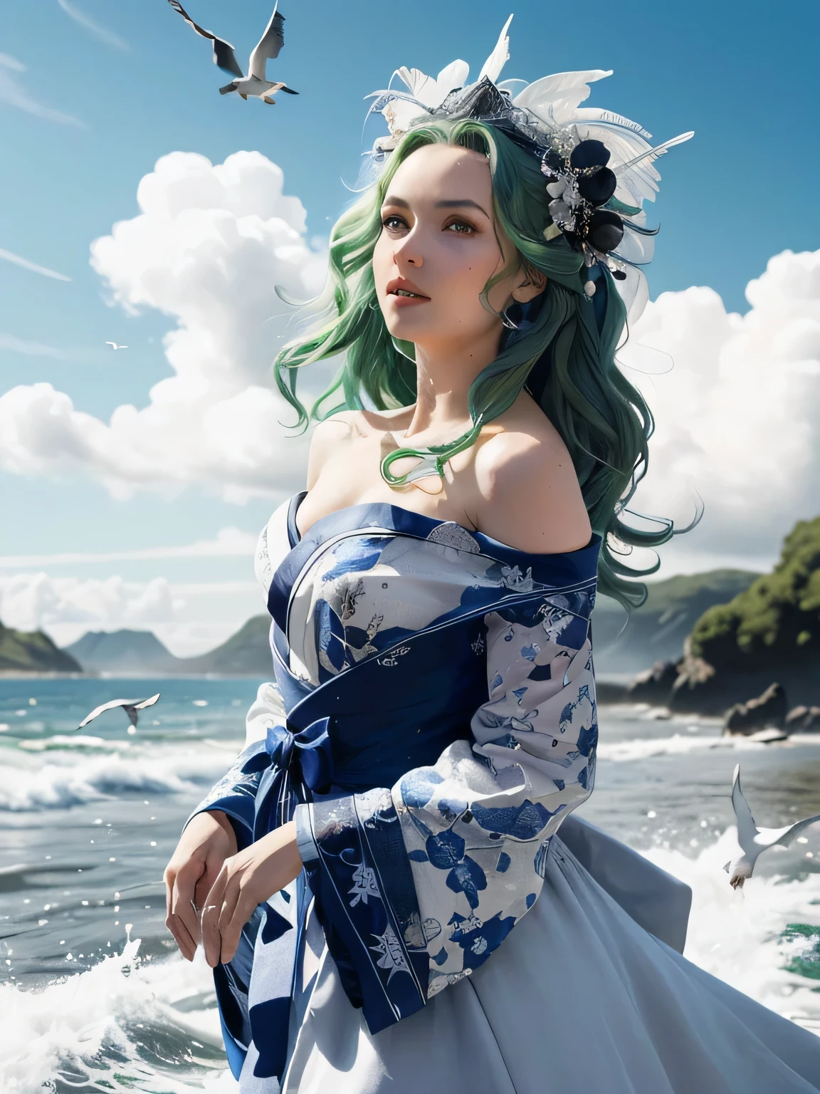 Green hair, very very long wavy hair, hair strands, super details, 1girl, flowy white strapless dress, wide sleeves open kimono, high tides, flying birds, water splashing, queen, frills-trimmed, intricate luxurious headpiece, blue eyes, victorian era, medium shot, blue sky on sunny day with dramatic clouds on background....