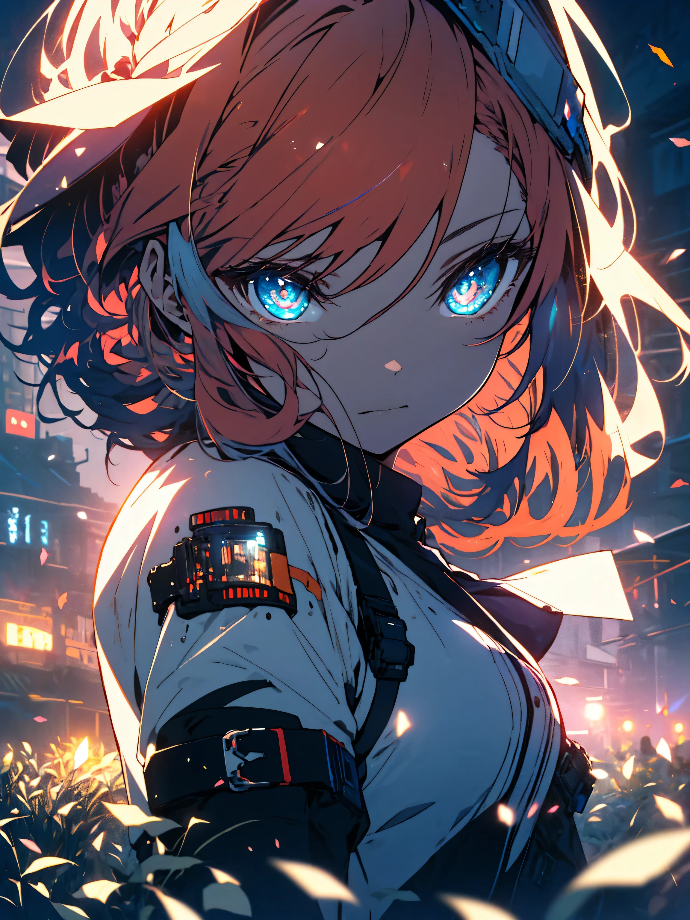 (highest quality、masterpiece、High resolution、detailed)、(Shining eyes、detailed beautiful face)、8K、Girl with orange hair, wearing a blue cyberpunk costume, In a colorful meadow, At night、beautiful anime