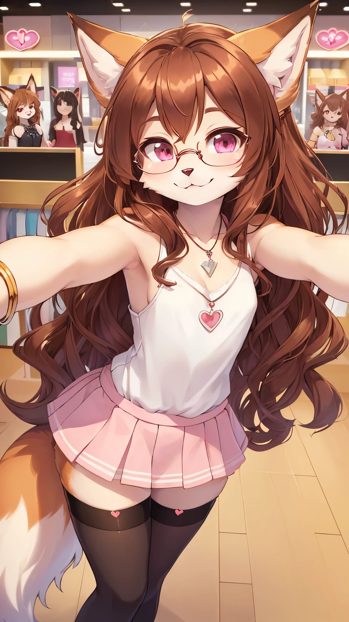 best quality,best resolution,(fluffy anthro furry :1.6),(young :1.6),fox girl,pink eyes,brown long hair,wavy hair,fluffy fox tail,small breasts,glasses,white camisole,pink mini skirt,cute bracelets,heart necklace,black stockings,department store,looking at viewer,happy face,smile,selfie,