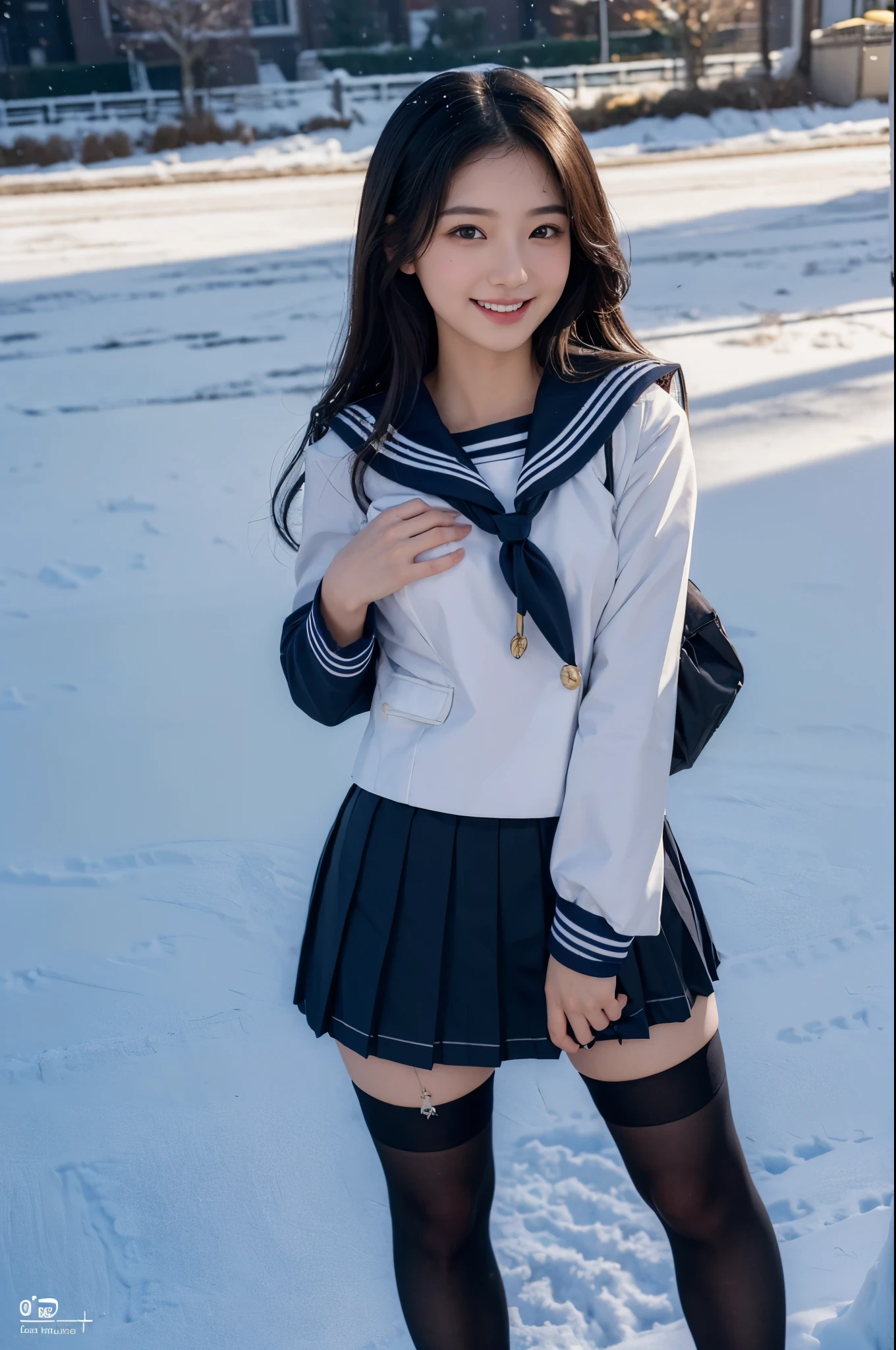 (hyper realism, 10, very detailed, highest quality, Super detailed, masterpiece, 超realistic, high detail, Raw photo, realistic,)((School、March、snow scene、admission)),(((sailor suit, school uniform))), (((black pleated skirt))), (black stockings),(Angle from the front、Standing composition))、highest quality, (((whole body)))、(((大きなchest、Gcup)))、beautiful japanese girl,long hair、black hair、Smiling with a sexual expression,, smile with a sexual expression, chest