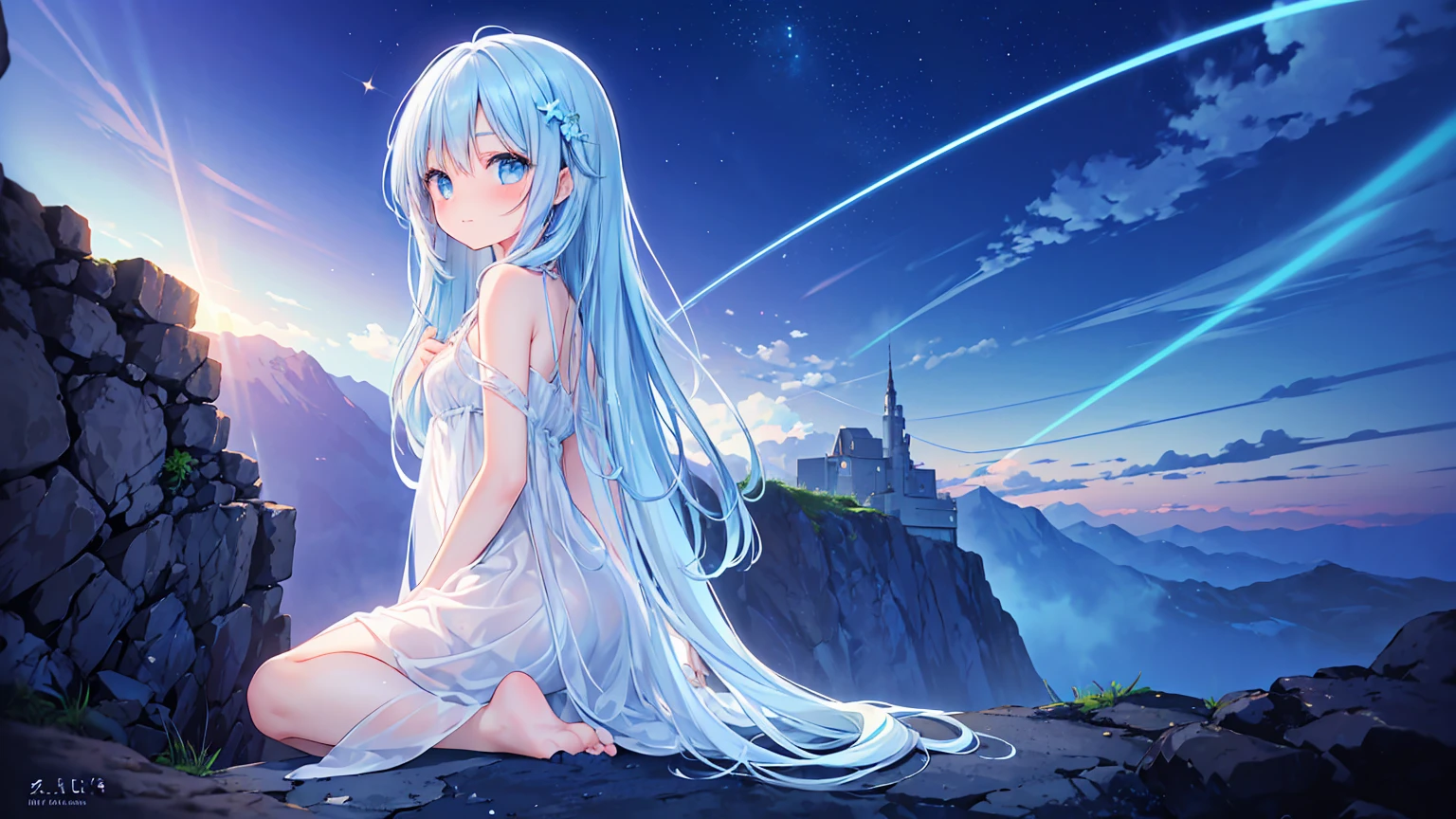 masterpiece, best quality, extremely detailed, (illustration, official art:1.1), 1 girl ,(((( light blue long hair)))), light blue hair, ,, long hair ((blush)) , cute face, big eyes, masterpiece, best quality,(((((a very delicate and beautiful girl))))),Amazing,beautiful detailed eyes,blunt bangs((((little delicate girl)))),tareme(true beautiful:1.2), sense of depth,dynamic angle,affectionate smile, (true beautiful:1.2),,(tiny 1girl model:1.2),(flat chest)),
Soft Focus , (Bright gradient watercolor :1.5, Lens Flare:1.5 , Glitter :1.5),(Masterpiece, top quality, super detailed CG, ultra detailed beautiful face and eyes,super detailed, intricate details:1.2), 8k wallpapers, elaborate features,
(1 person, solo:1.4)perfect cartoon illustration,(1 person, solo:1.4)
(realistic textures:0.8), high res, cute, (vivid colors, dynamic lighting:1.0), (high contrast:0.8),
A girl (in her teens) with a mysterious atmosphere overlooking the lowlands from the top of a steep cliff, very pretty face, long glossy blue hair, clear sky-blue eyes, clear skin, slender arms and legs (both barefoot), wearing only a white dress that reaches down to her calves, surrounded by blue phosphorescence. Blue phosphorescence surrounds her, ruins spread far and wide in front of her, the place is a fantastic and vast urban ruin, the time is night and the area is dark, but stars and a big moon are shining brightly in the sky, back view, so that her whole body is included in the illustration.