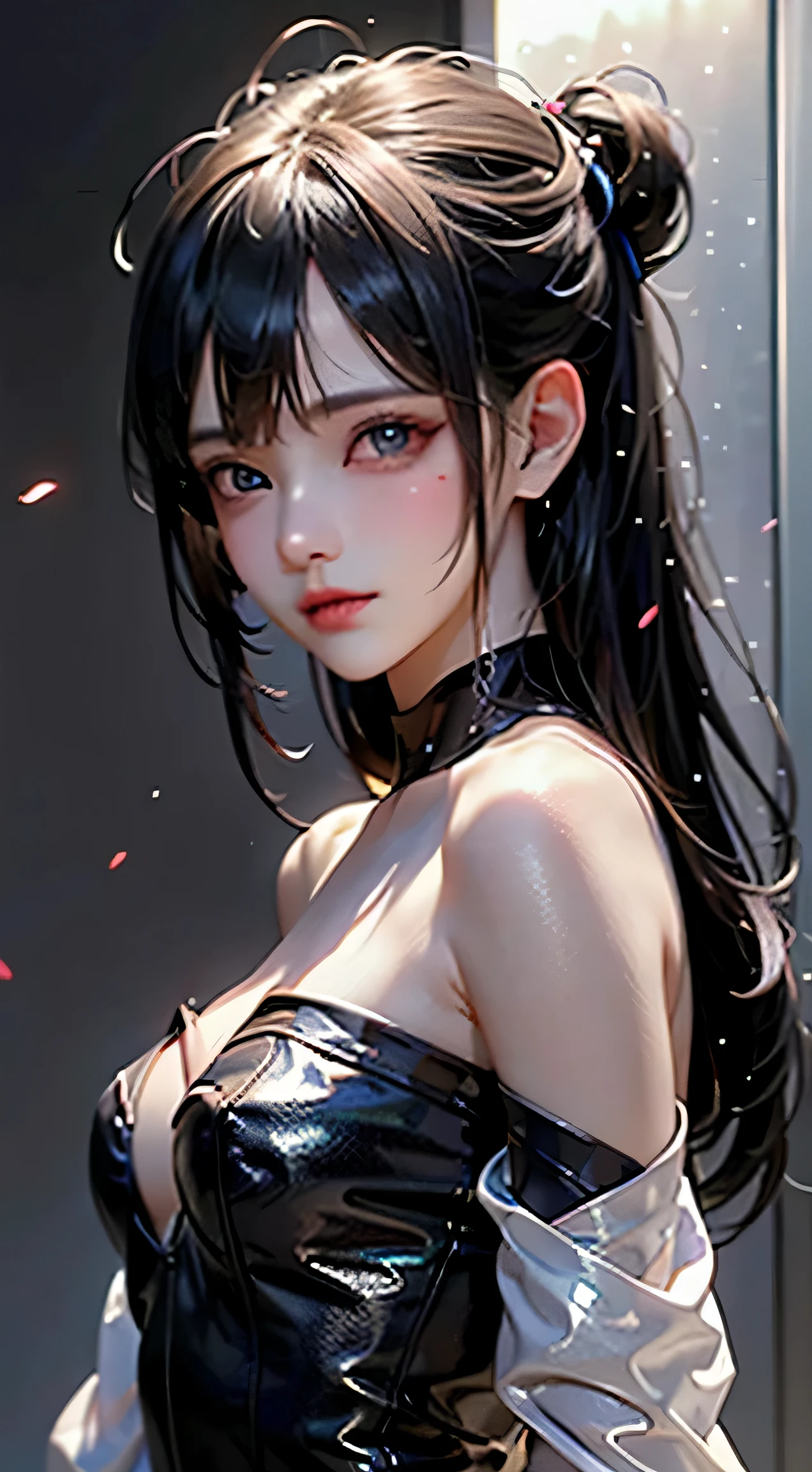 Fluorescent color, 1 girl, look next to, pretty face, beautiful eyes, (Off the shoulder style: 1.2), Upper body, shiny hair, shiny skin, Glow emission cutting, Finger proportions are coordinated, dark, View, Dynamic angle, (((masterpiece))), (((best quality))), ((Super detailed)), (illustration), (detail light), ((extremely delicate and beautiful)), dramatic_shadow, Rays_track, reflection, ultra high resolution, laser, chibi,dark clothes