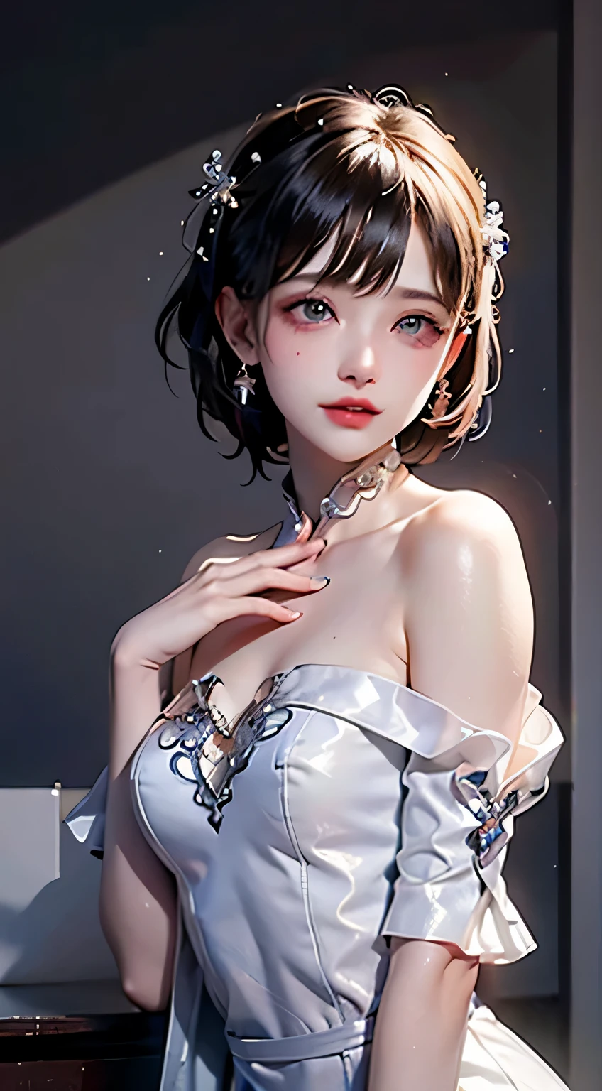 Fluorescent color, 1 girl, look next to, pretty face, beautiful eyes, (Off the shoulder style: 1.2), Upper body, shiny hair, shiny skin, Glow emission cutting, Finger proportions are coordinated, dark, View, Dynamic angle, (((masterpiece))), (((best quality))), ((Super detailed)), (illustration), (detail light), ((extremely delicate and beautiful)), dramatic_shadow, Rays_track, reflection, ultra high resolution, laser, chibi,dark clothes