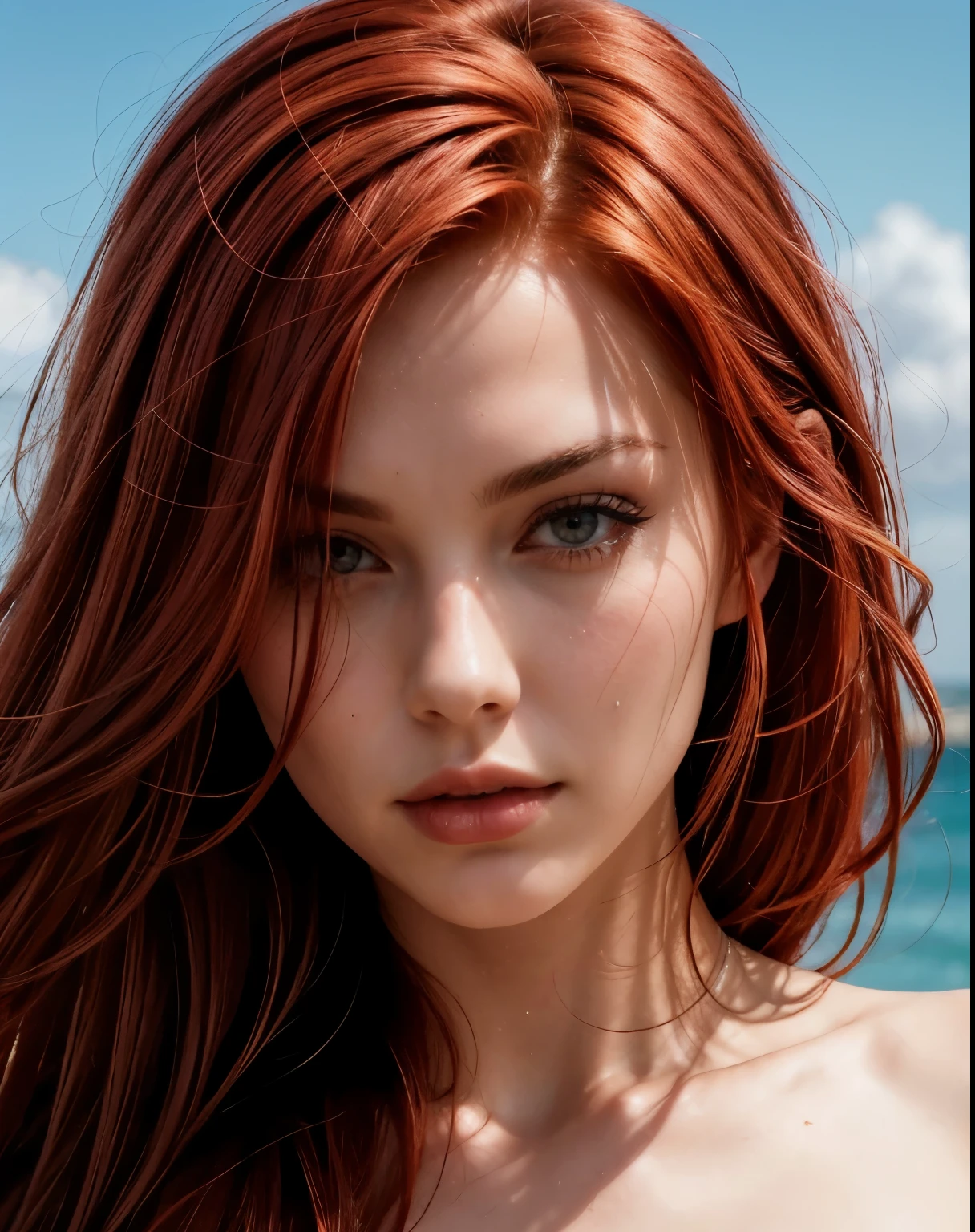 beautiful red hair girl on a beach, tattoo, beautiful face, tall, wide waist, detailed sharp eyes, lips nose, realistic photograph
