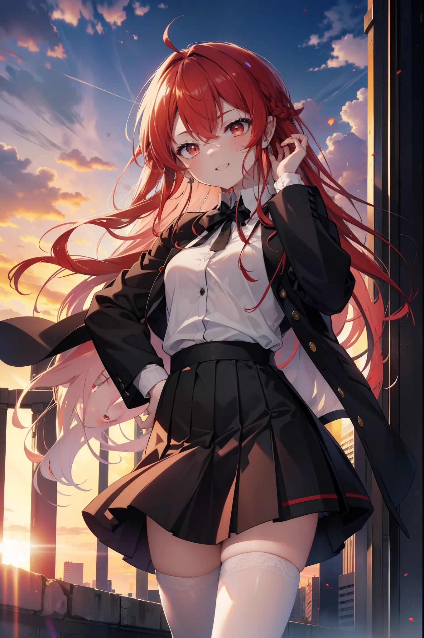 Eris Greyrat, you become greyrat, Ahoge, hair between eyes, long hair, (red eyes:1.5), redhead, side lock, (small breasts:1.2),happy smile, smile, open your mouth,break black ヘアバンド, black ribbon, white Y-shirt,red cardigan,black blazer Front open,black pleated skirt,white stockings,brown loafers,sunset,evening,the sun sets,
break looking at viewer,look up from below,
break outdoors, city,building street,
break (masterpiece:1.2), highest quality, High resolution, unity 8k wallpaper, (shape:0.8), (fine and beautiful eyes:1.6), highly detailed face, perfect lighting, Very detailed CG, (perfect hands, perfect anatomy),