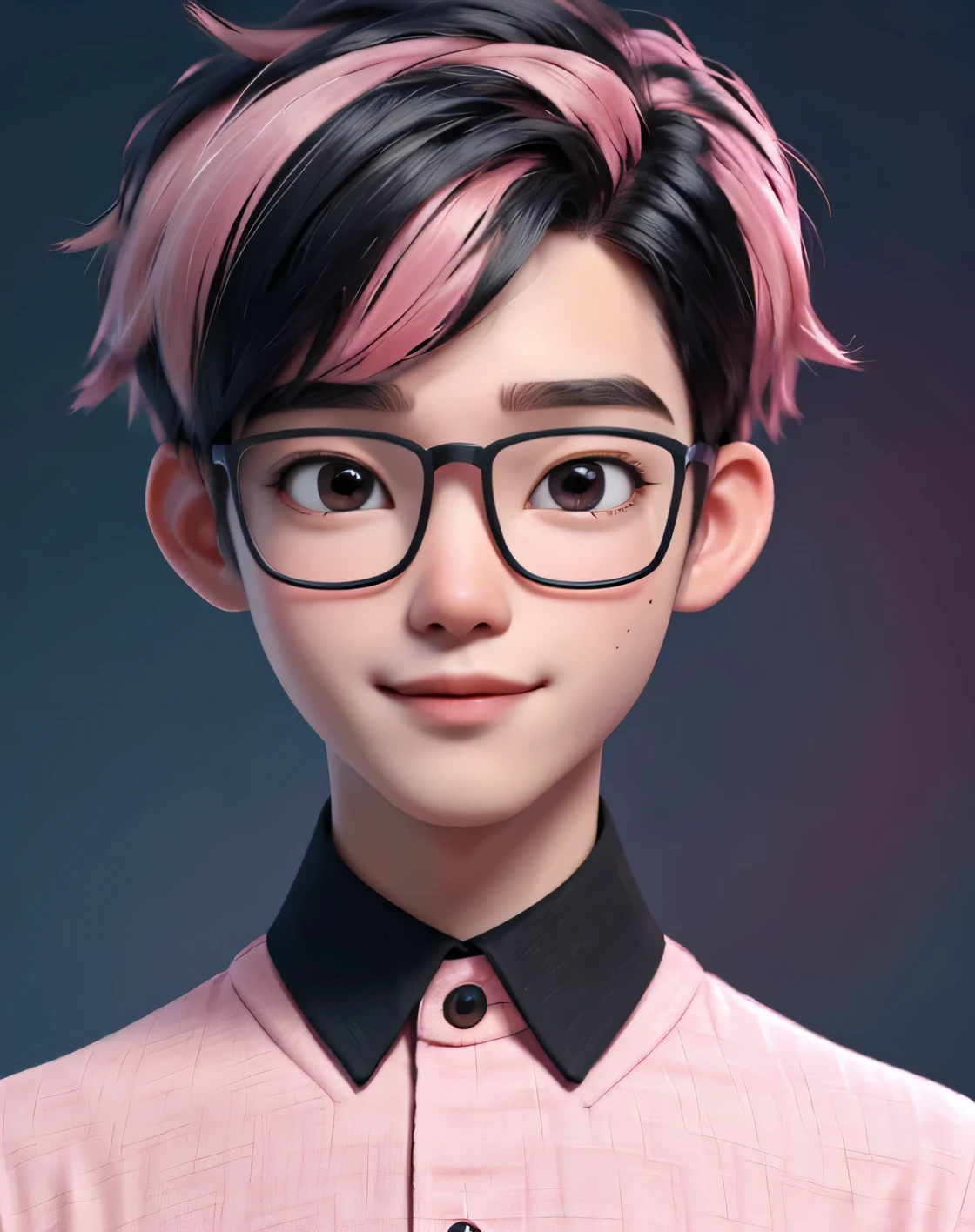 best quality, 1boy, solo, cartoon portrait , simple background, short hair, pink lips, black hair, black shirt, black glasses