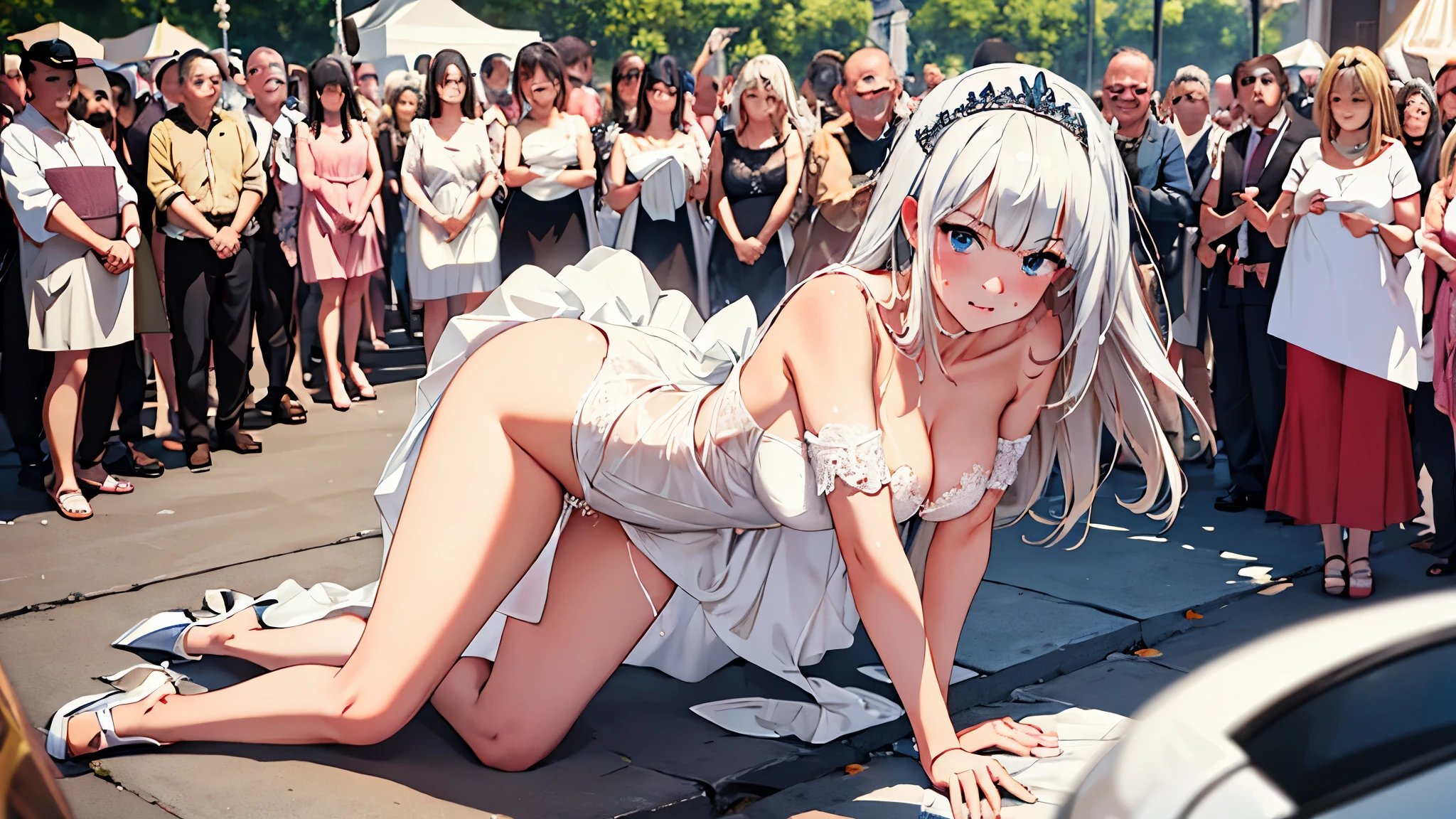 nsfw,Covered in semen,Facial,Facial,Creampie,areola slip,sexy pose,small breasts,cute face,naughty look,Viewer's perspective,crowd,anime style,masterpiece,extremely detailed and beautiful.crowd.tiara.Wedding dress.full body