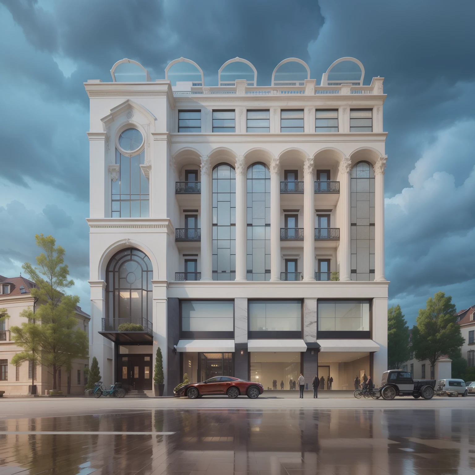 A multi-storey building is located in the middle of the frame,European architectural style,Night effect,Cloudy sky,Hyper-realistic picture,hyperedetailed photo,There are woods on both sides of the building,The exterior of the building is opalescent marble,There are night light effects turned on,There is a yard,There is a lawn,