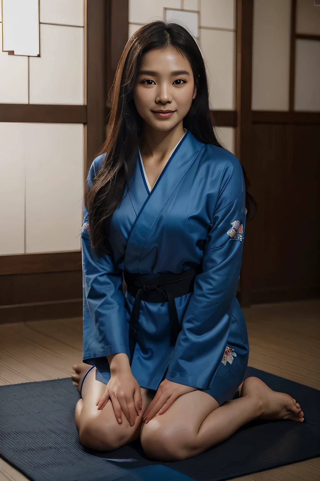 Foto hiperrealista en primer plano de Kim Ji-soo from Korea, masterpiece, best quality, (photorealistic:1.4), full body, blue Korean kimono, kneels on a mat in a Korean teahouse, cinematic light, beautiful woman, skinny, black long hair, detailed face, smile, facing the camera, photo taken from a distance, age of 25 years old