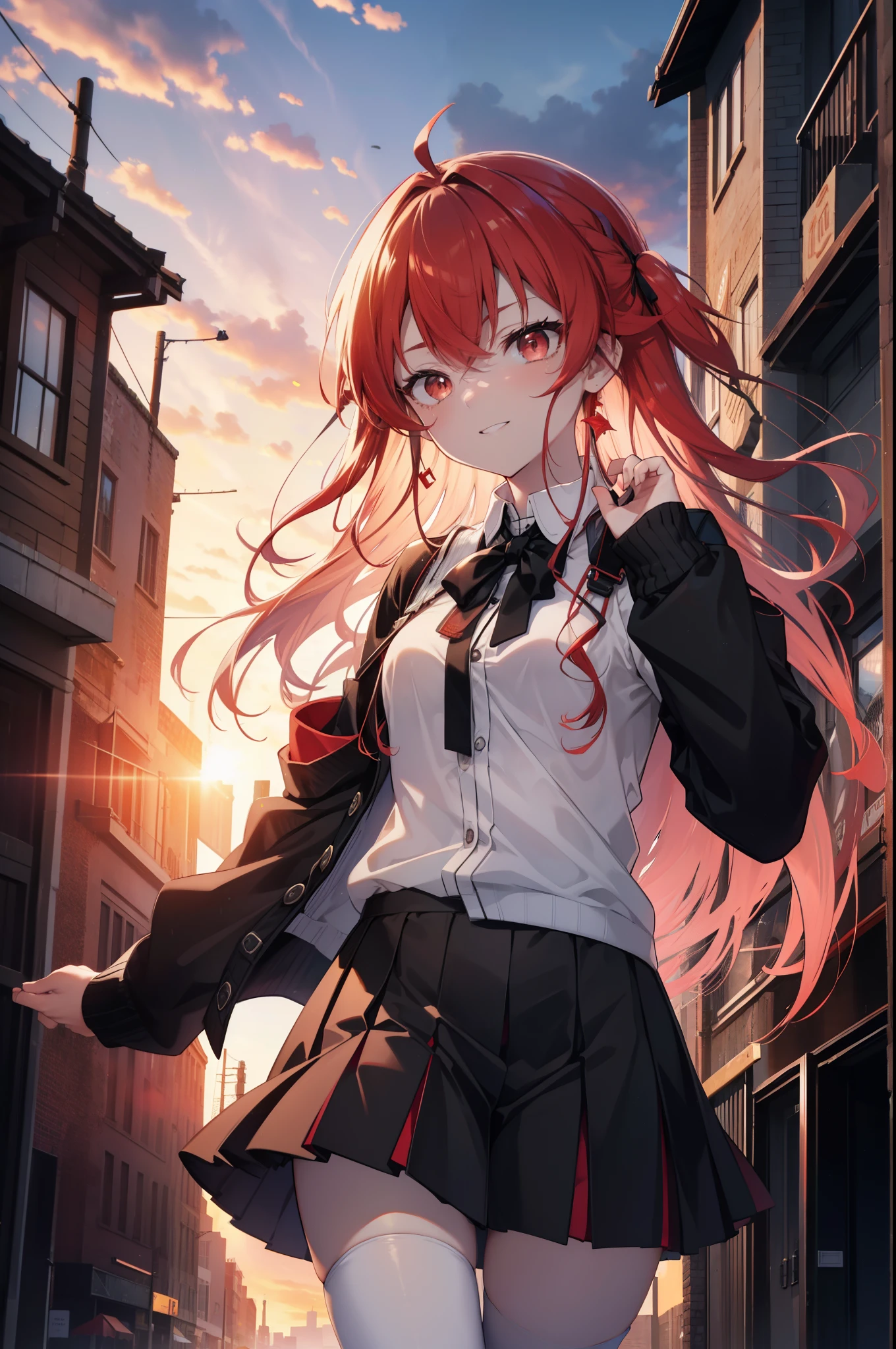 Eris Greyrat, you become greyrat, Ahoge, hair between eyes, long hair, (red eyes:1.5), redhead, side lock, (small breasts:1.2),happy smile, smile, open your mouth,break black ヘアバンド, black ribbon, white Y-shirt,red cardigan,black blazer　Front open,black pleated skirt,white stockings,brown loafers,sunset,evening,the sun sets,
break looking at viewer,look up from below,
break outdoors, city,building street,
break (masterpiece:1.2), highest quality, High resolution, unity 8k wallpaper, (shape:0.8), (fine and beautiful eyes:1.6), highly detailed face, perfect lighting, Very detailed CG, (perfect hands, perfect anatomy),