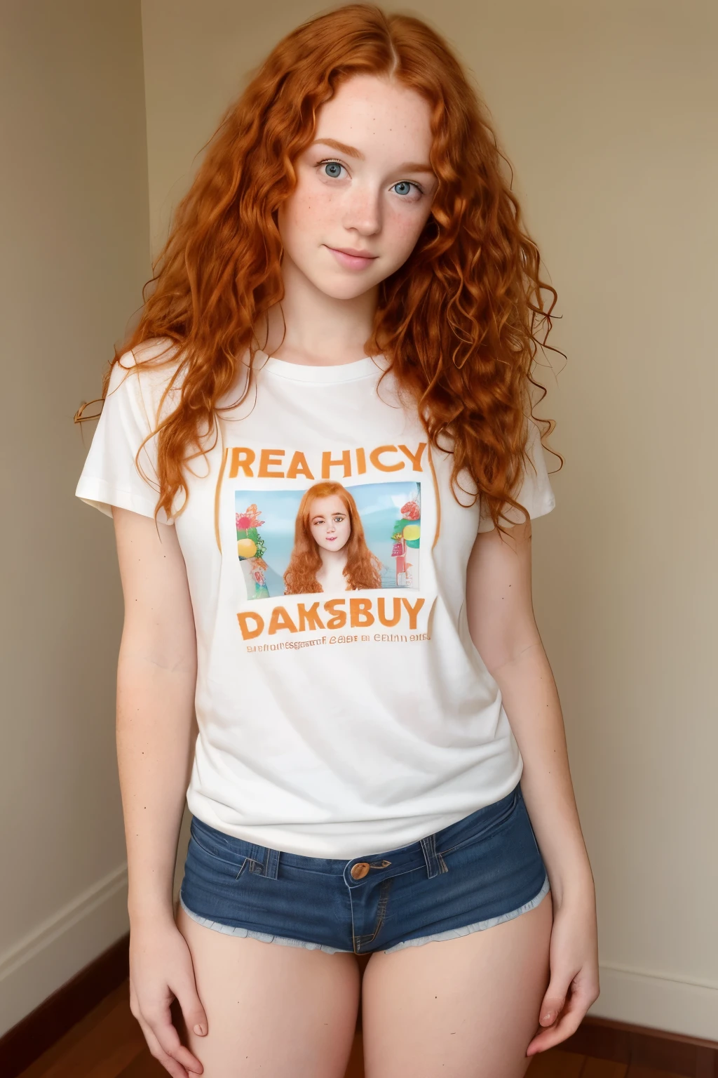 full body photo, hyper realistic photo of a shy young natural irish redhead with a long curly wavy hair and fair complexion, no makeup, everyday look, full face (you look shy:1.3), freckles, detailed face, detailed skin, (tshirt without panties), beautiful body, Suggestive pose, looking down, covering her crouch with hands, ginger pubic hair