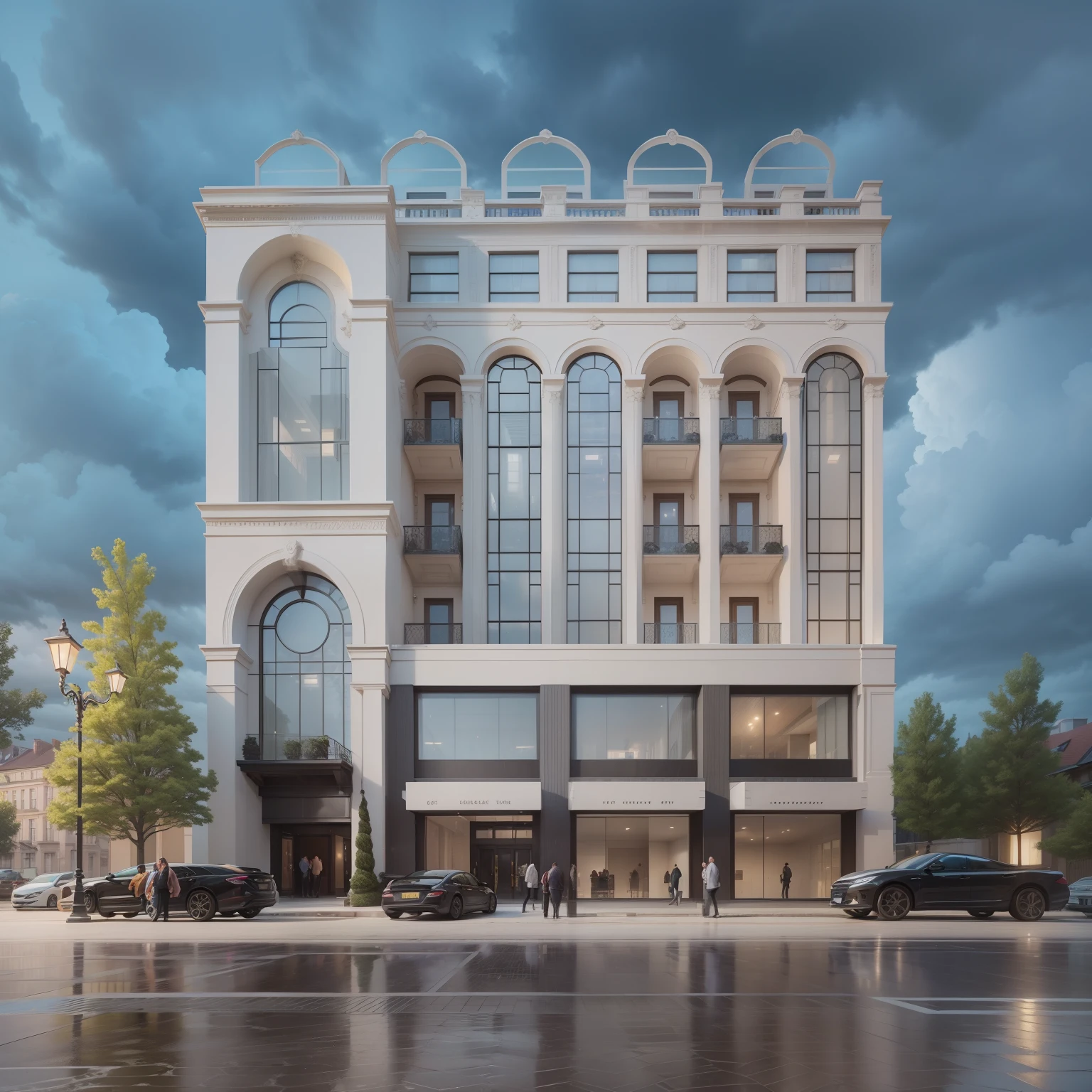 A multi-storey building is located in the middle of the frame，European architectural style，Night effect，Cloudy sky，Hyper-realistic picture，hyperedetailed photo，There are woods on both sides of the building，The exterior of the building is opalescent marble，There are night light effects turned on，There is a yard，There is a lawn，