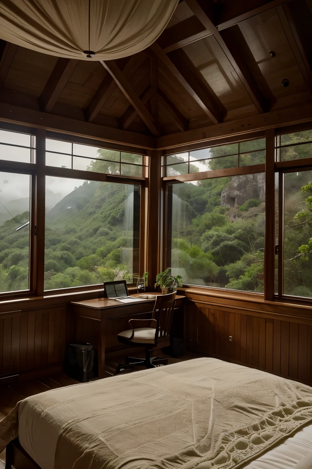 The master bedroom is a spacious retreat with an open concept design, seamlessly blending indoor comfort with the untamed beauty of nature. Expansive floor-to-ceiling windows frame a panoramic view of a mist-shrouded mountain jungle. Rain cascades down outside, veiling the lush greenery in a glistening sheen.
Inside, the room exudes modern elegance with sleek furnishings and earthy accents. A luxurious king-sized bed sits at the center, adorned with soft linens and plush pillows. A minimalist desk area and cozy reading nook offer tranquil spaces for work or relaxation.
Despite the storm outside, the atmosphere is serene and inviting. The rhythmic patter of rain on the windows serves as a soothing backdrop, blending harmoniously with the sounds of wildlife and rustling leaves. It's a sanctuary where one can unwind and connect with the breathtaking beauty of the natural world.
