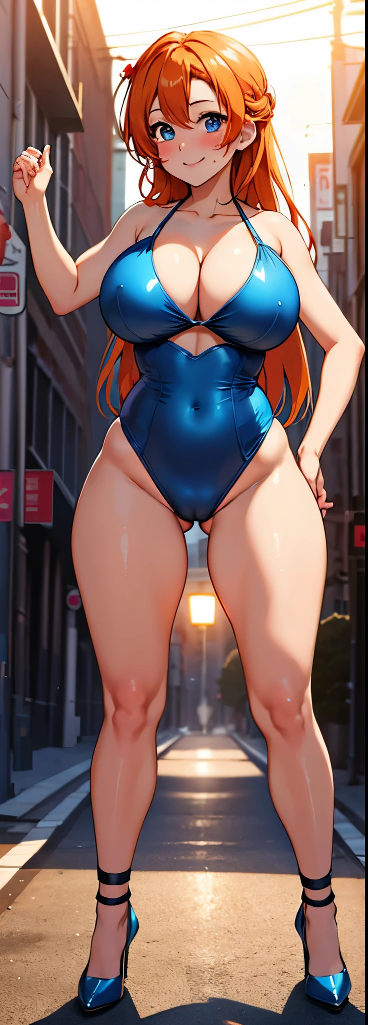 (Masterpiece, Best Quality, High Quality), volumetric lighting, illustration, beautiful , Blushing, looking at viewer, Metallic micro bikini, cleavage, huge breasts, smile,solo, seductive, perfect lighting, perfect shadows, kousaka honoka, blue eyes, orange hair, super hero,in street, (aroused:1.3),(ass visible through thighs:1.2), cameltoe,high heels