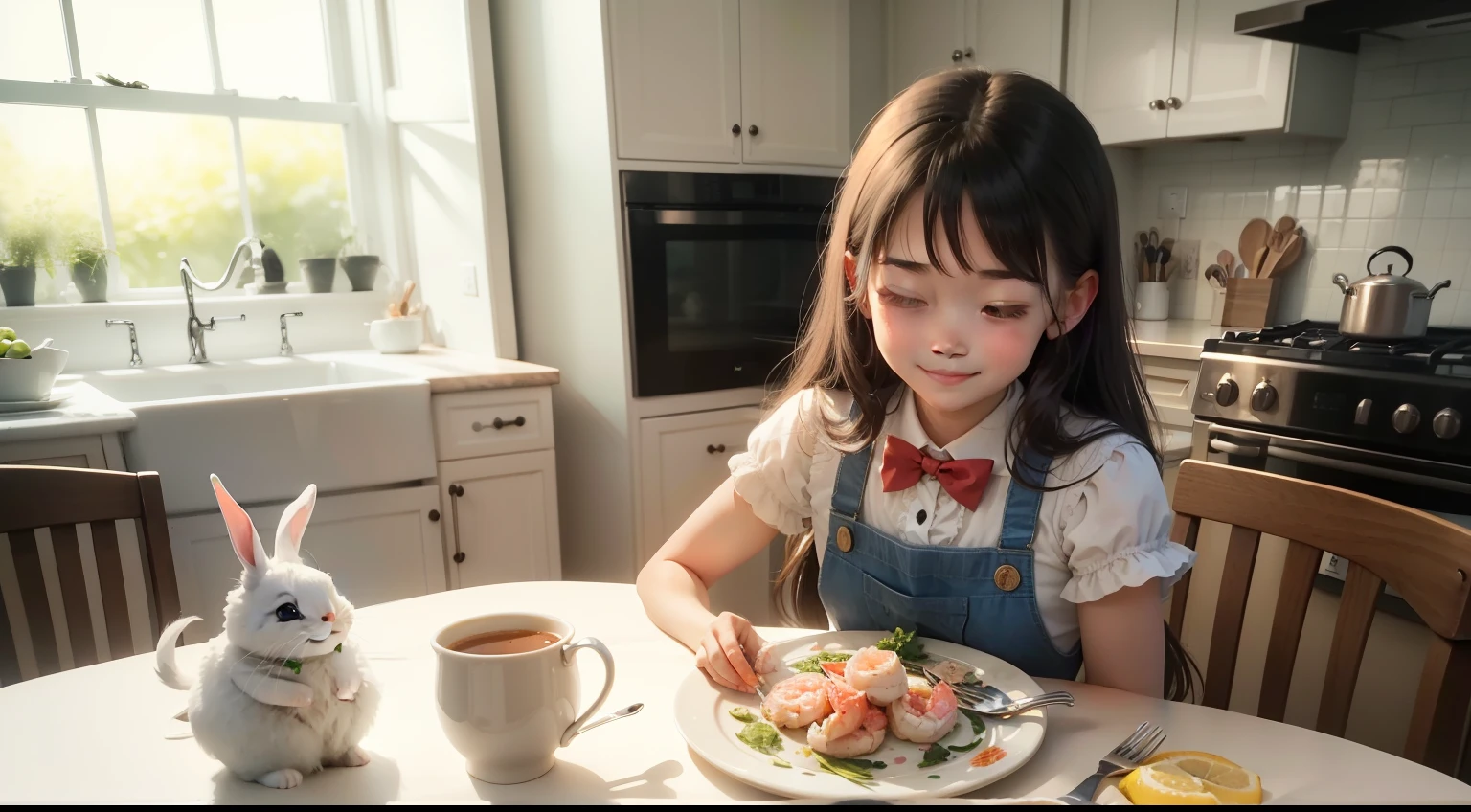 A with delicate and beautiful facial features in the kitchen,On the table in front of her was a plate of shrimp and a plate of fish,The had a happy smile on her face,A small white rabbit next to the table,The background is a window,kids drawing