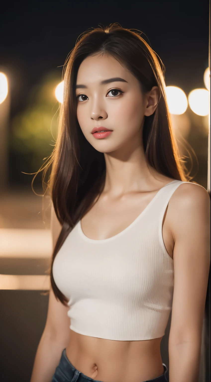 ((realistic lighting, highest quality, 8K, masterpiece: 1.3)), clear focus: 1.2, 1 girl, perfect beauty: 1.4, slim abs: 1.1, ((dark brown hair)), (white crop top: 1.4), (outdoor, night: 1.1), park view, super fine face, fine eyes, double eyelid,