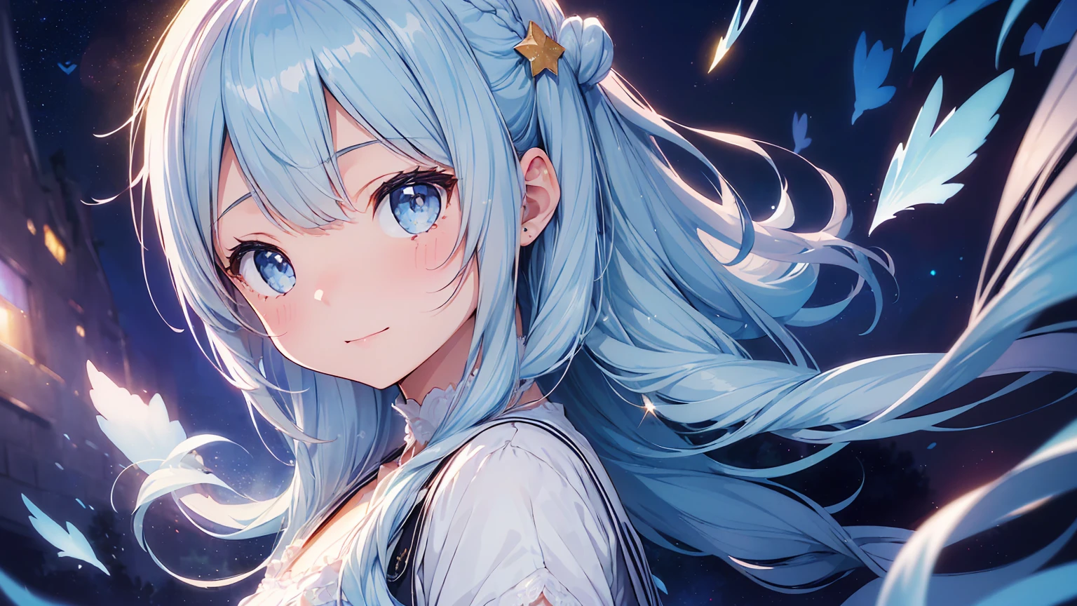 masterpiece, best quality, extremely detailed, (illustration, official art:1.1), 1 girl ,(((( light blue long hair)))), light blue hair, ,, long hair ((blush)) , cute face, big eyes, masterpiece, best quality,(((((a very delicate and beautiful girl))))),Amazing,beautiful detailed eyes,blunt bangs((((little delicate girl)))),tareme(true beautiful:1.2), sense of depth,dynamic angle,affectionate smile, (true beautiful:1.2),,(tiny 1girl model:1.2),(flat chest)), 
Soft Focus , (Bright gradient watercolor :1.5, Lens Flare:1.5 , Glitter :1.5),(Masterpiece, top quality, super detailed CG, ultra detailed beautiful face and eyes,super detailed, intricate details:1.2), 8k wallpapers, elaborate features,
(1 person, solo:1.4)perfect cartoon illustration,(1 person, solo:1.4),[(Universe Background: 1.5),::5] (Isometric: 1.0), double exposure, bubble, mid-shot, full-body, // star, starry, space, shooting star, crescent moon,  Solo, long hair, Space, looking at viewer, 1Girl, upper body, space bodysuit, Constellation