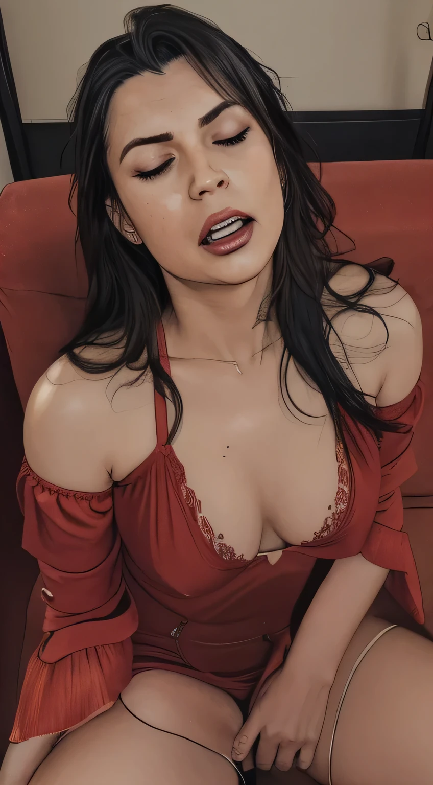 ((close-up, open mouth, open legs)), a 30yo woman (long straight black hair, brown eyes), ((leaning on old leather sofa, legs open)), (view front, wearing a red detailed lingerie), (yawning, gape, closed eyes, open mouth, feel pain, spread legs:1.4), yawning, (masterpiece, best quality:1.2), photorealistic, HDR, 4K, 8K, 16K