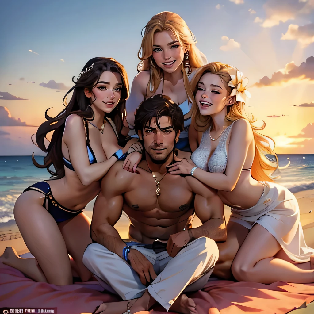 One Handsome Chad hugging three beautiful bitches tackling him and touching him and snuggling him and gripping him and massaging him,  dressed for the beach, perfect bodies, so many women: long flowing hair, flowers in hair, seductive, materials, golden hour, , jewelry, golden hour, photorealistic, masterpiece, in love, grins, perfect faces, Flirtatious, setting: a beach, harem, watercolor, on blanket, laughing and drinking, everybody is JOYFULLY looking at somebody else