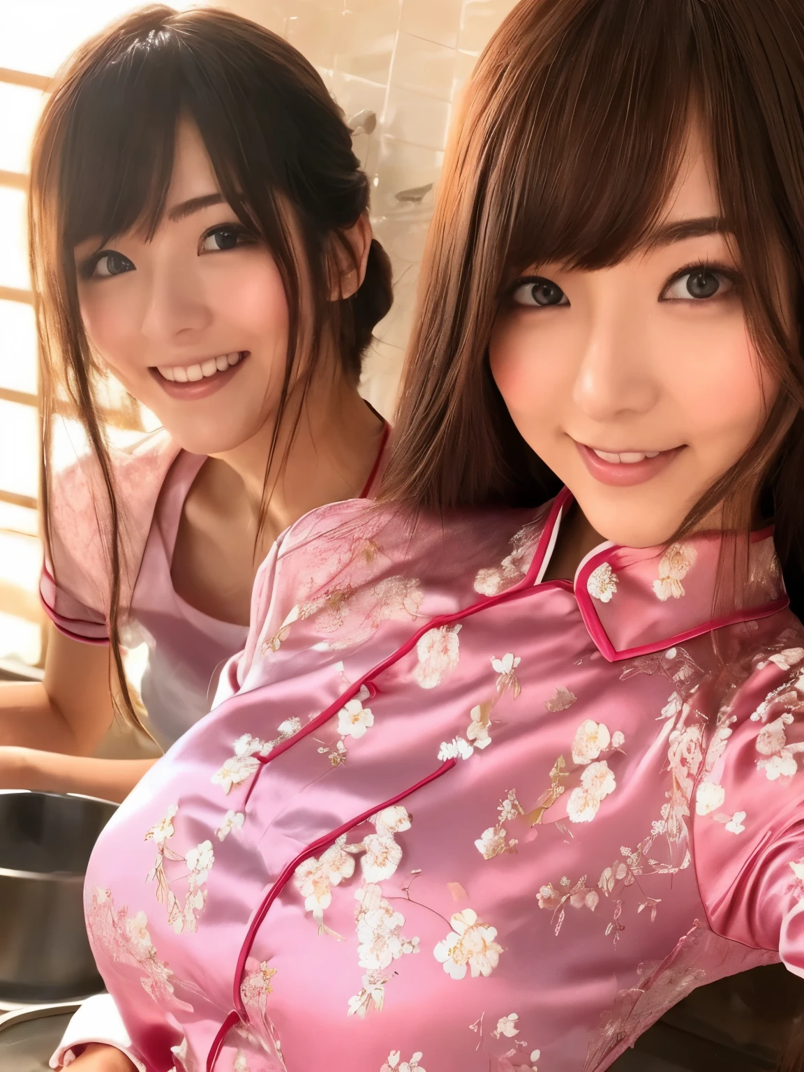 masterpiece, 1 woman per photo, upper body shot, View from the front, young beautiful japanese woman, hyper pretty face, 18-year-old, She is wearing a short-sleeved silky satin pink cheongsam with floral embroidery。。, big breasts, sweaty body, glossy lips, big smile, luxurious appearance, stand in the kitchen, double eyelids in both eyes, natural makeup, long eyelashes, shiny smooth light brown hair, asymmetrical bangs, sunburned skin, head in the frame, center image, 8K resolution, high detail, detailed hairstyle, detailed face, great cinematic lighting, octane rendering, lively, surreal, perfect limbs, perfect anatomy