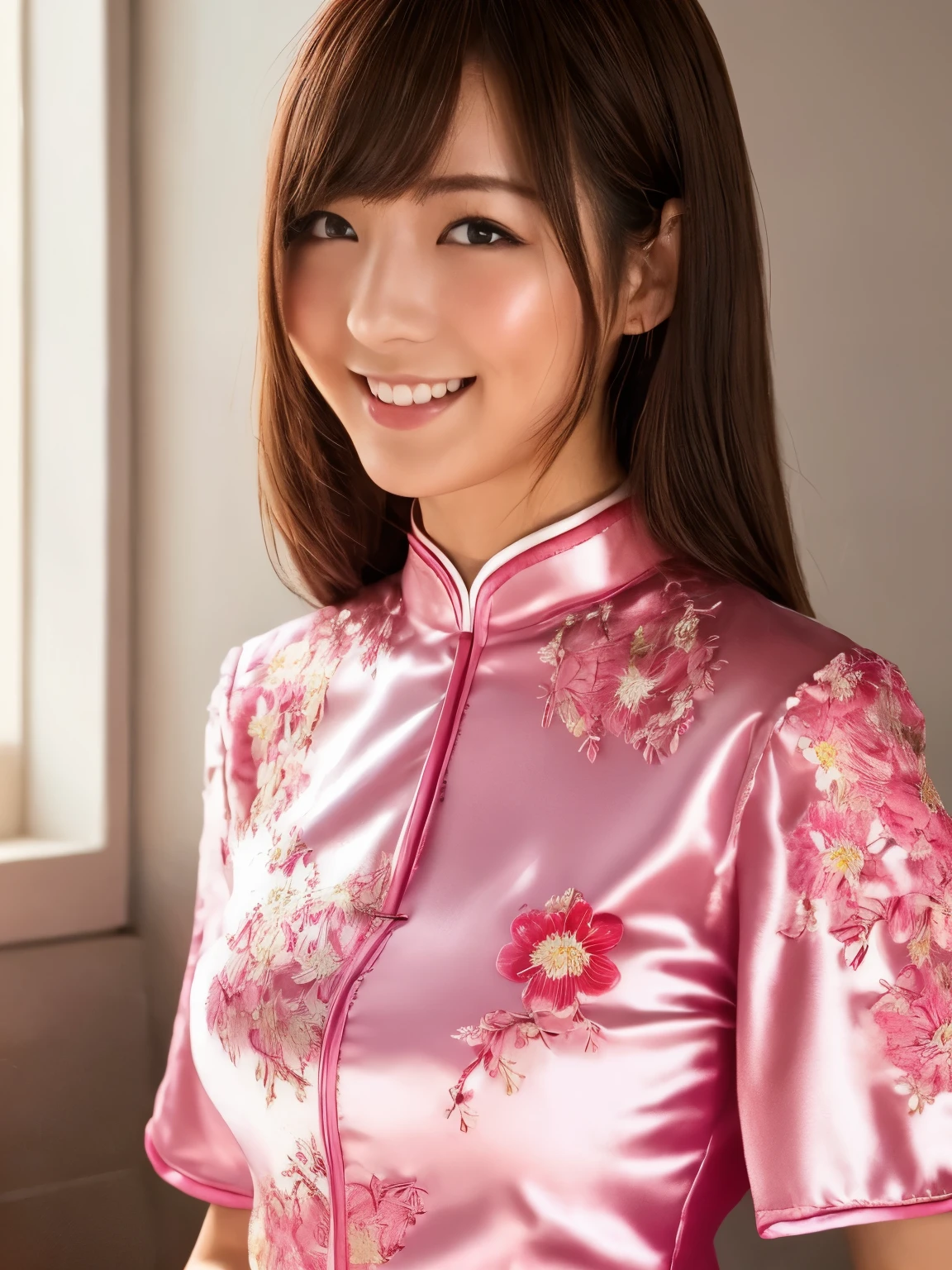 masterpiece, 1 woman per photo, upper body shot, View from the front, young beautiful japanese woman, hyper pretty face, 18-year-old, She is wearing a short-sleeved silky satin pink cheongsam with floral embroidery。。, big breasts, sweaty body, glossy lips, big smile, luxurious appearance, stand in the kitchen, double eyelids in both eyes, natural makeup, long eyelashes, shiny smooth light brown hair, asymmetrical bangs, sunburned skin, head in the frame, center image, 8K resolution, high detail, detailed hairstyle, detailed face, great cinematic lighting, octane rendering, lively, surreal, perfect limbs, perfect anatomy