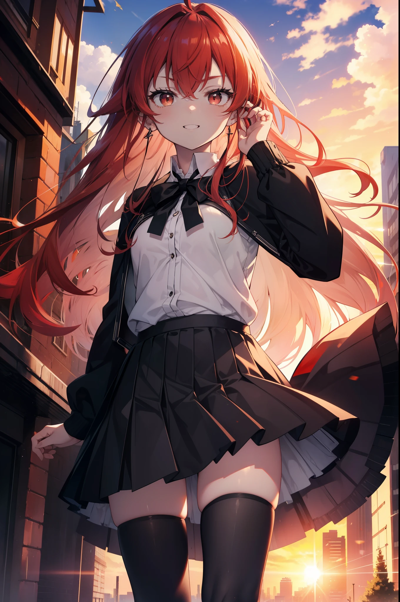 Eris Greyrat, you become greyrat, Ahoge, hair between eyes, long hair, (red eyes:1.5), redhead, side lock, (small breasts:1.2),happy smile, smile, open your mouth,break black ヘアバンド, black ribbon, white Y-shirt,red cardigan,black blazer　Front open,black pleated skirt,white stockings,brown loafers,sunset,evening,the sun sets,
break looking at viewer,look up from below,
break outdoors, city,building street,
break (masterpiece:1.2), highest quality, High resolution, unity 8k wallpaper, (shape:0.8), (fine and beautiful eyes:1.6), highly detailed face, perfect lighting, Very detailed CG, (perfect hands, perfect anatomy),