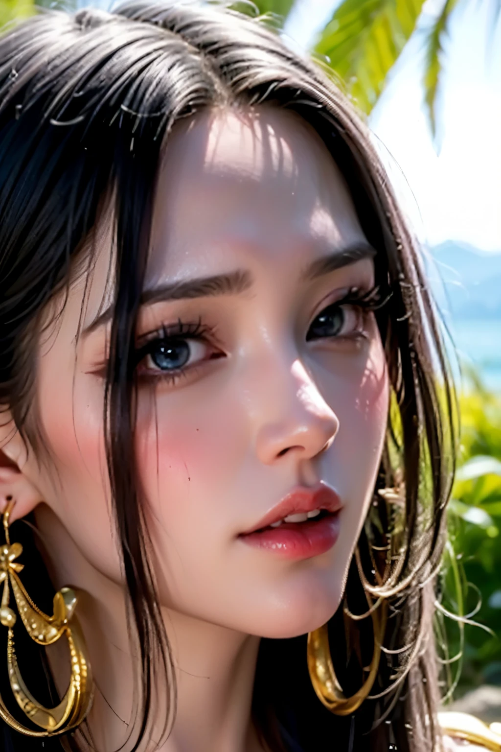 (masterpiece), (best quality), (realistic), Nikon RAW photo, Fujifilm XT3,  (detailed, 21 years old young lady captain, big eyes, snake golden earring, looking away), sensual, (ultra detailed), 8k, 4k, intricate, upper_body, detailed_face, best lighting, outdoors, makeup, bleach background, low rise,(masterpiece, best quality:1.4), (face focus:1.5), outside, (near the sea), 1girl, solo, hancock1, 1girl, boa hancock, big breasts, cleavage, long hair, epaulettes, cape, (white cape:1), crop top, long sleeves, side slit, (european youth woman:1), looking at viewer, beautifull smile, beautiful face, highly detailed face, highly detailed eyes, subsurface scattering, realistic pupils, full face blush, full lips, detailed background, depth of field, volumetric lighting, sharp focus, absurdres, realistic proportions, (realistic, hyperrealistic:1.4), 16k hdr
