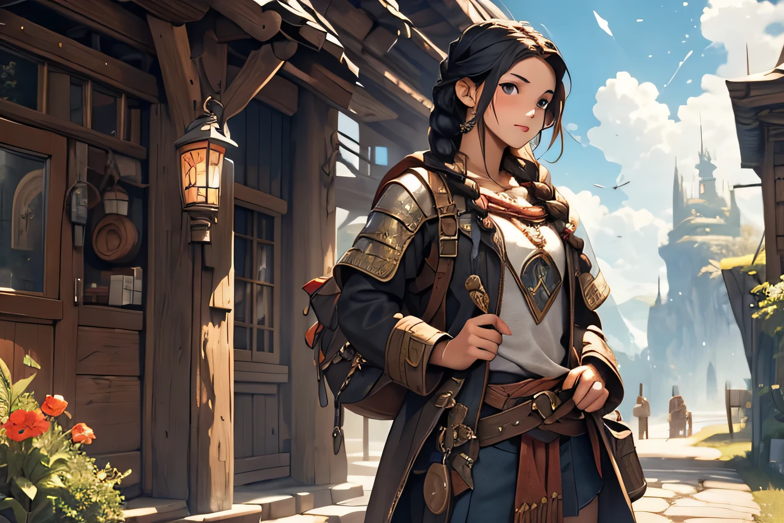 a  girl, black hair and braids in traveler clothes ready to go on a long journey, fantasy RPG theme