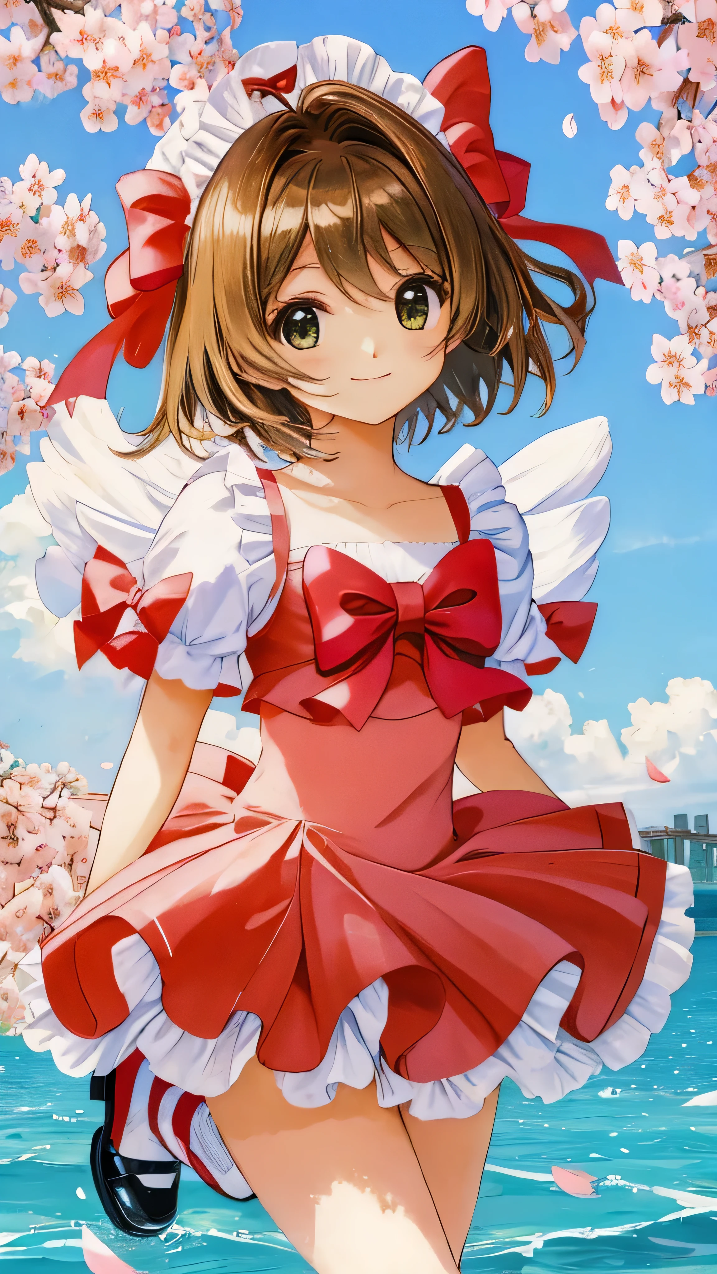 cardcaptor_cherry blossoms, smile, (masterpiece, highest quality, become familiar with:1.3), short hair, two side up,Wearing a ruffled bikini, (flat chest:1.3), squat,